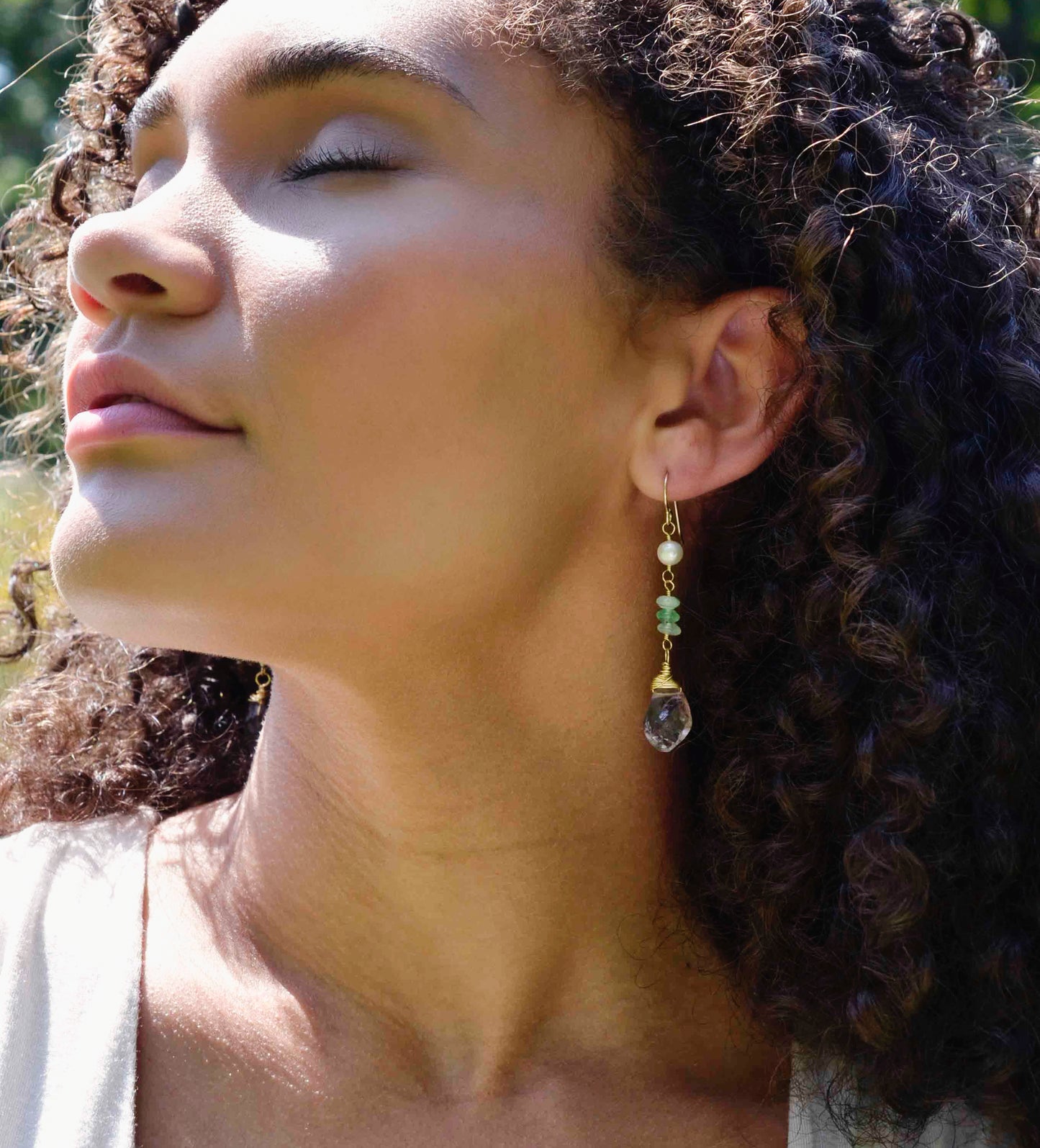 Modeled image of gold wire-wrapped raw Amethyst crystals with green Chrysoprase and freshwater Pearls.