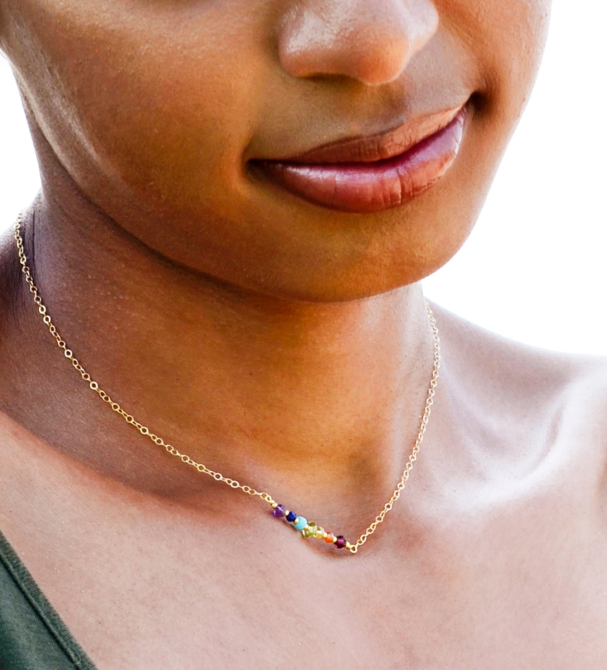 Rainbow Crystal Chakra Necklace, Handmade by GEMNIA. Modeled chakra pendant on gold or silver chain.