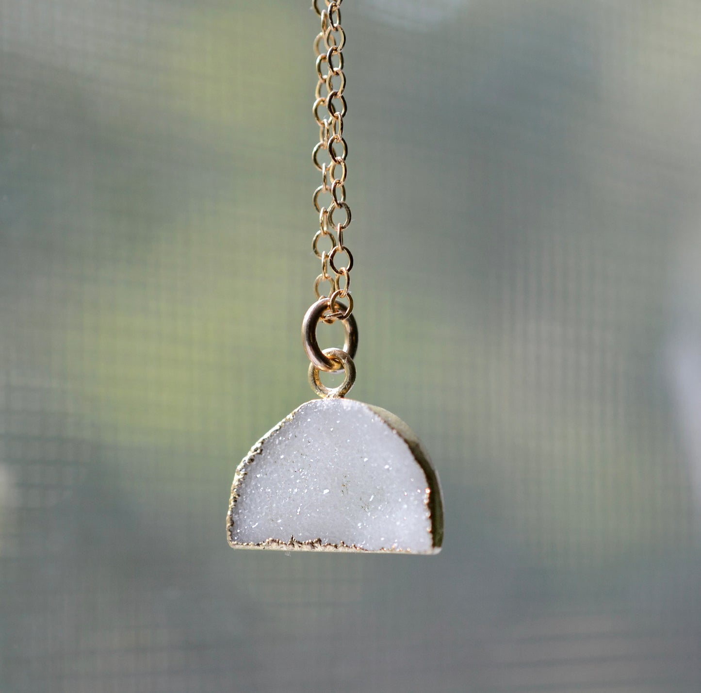 Milky White Quartz Druzy Crescent Necklace in 14k Gold Filled