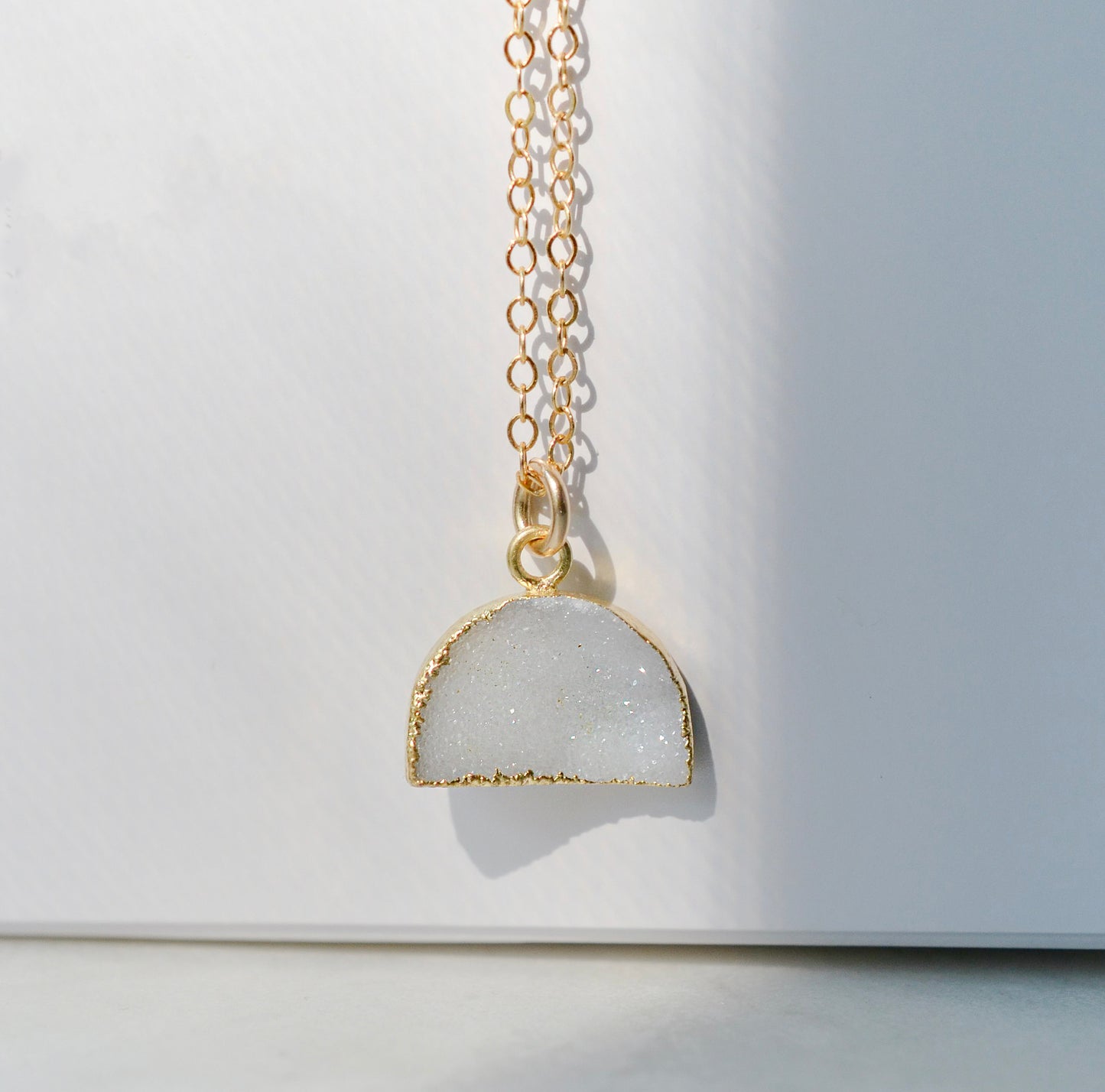Milky White Quartz Druzy Crescent Necklace in 14k Gold Filled