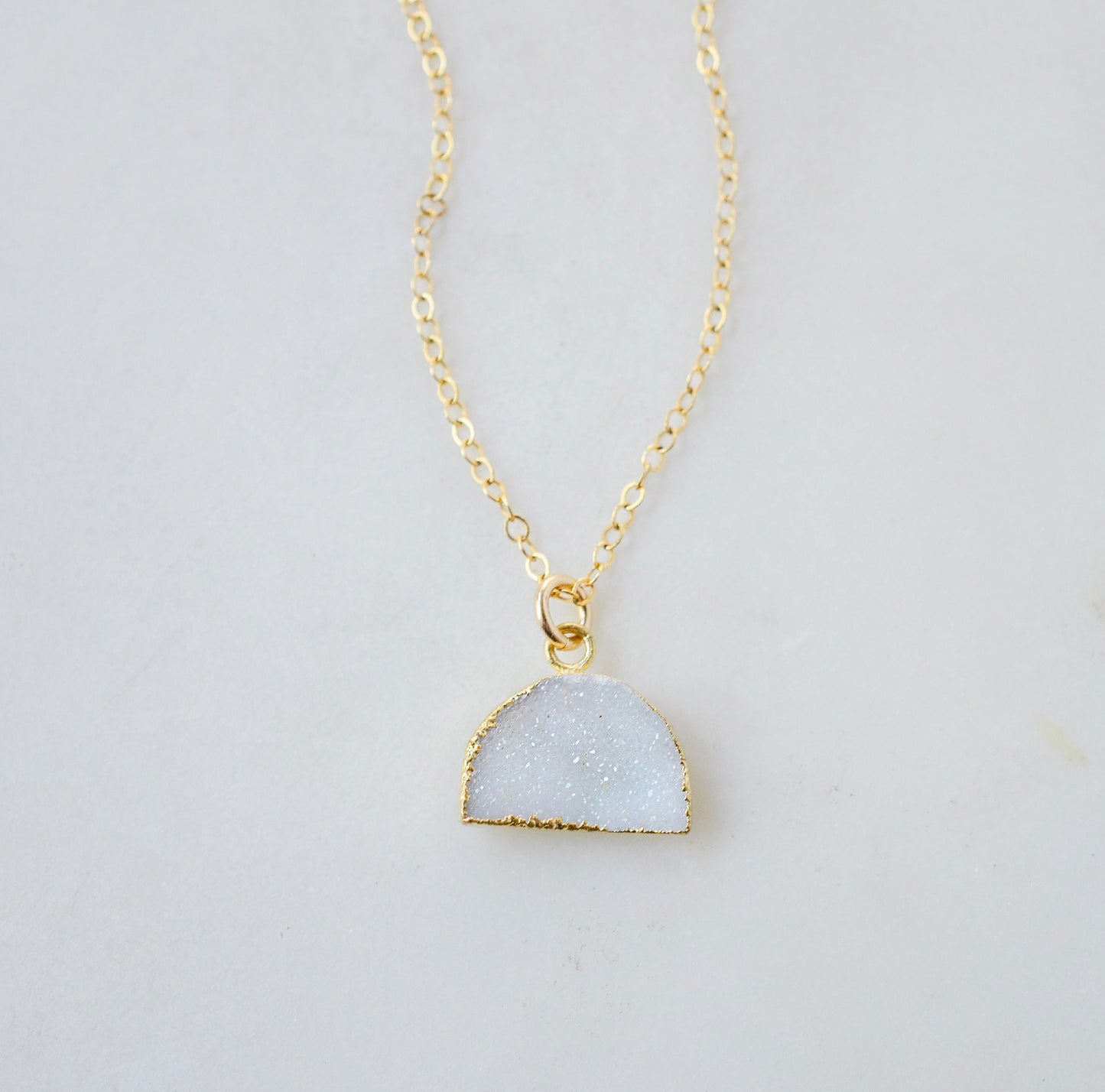 Milky White Quartz Druzy Crescent Necklace in 14k Gold Filled