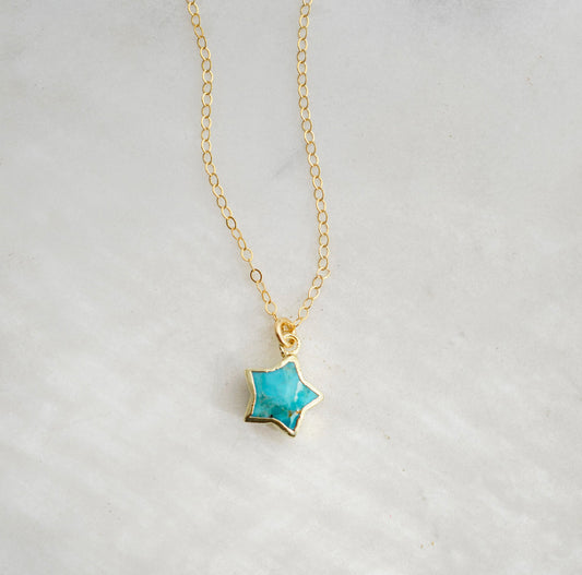 Natural blue turquoise star pendant on a 14k gold filled chain.