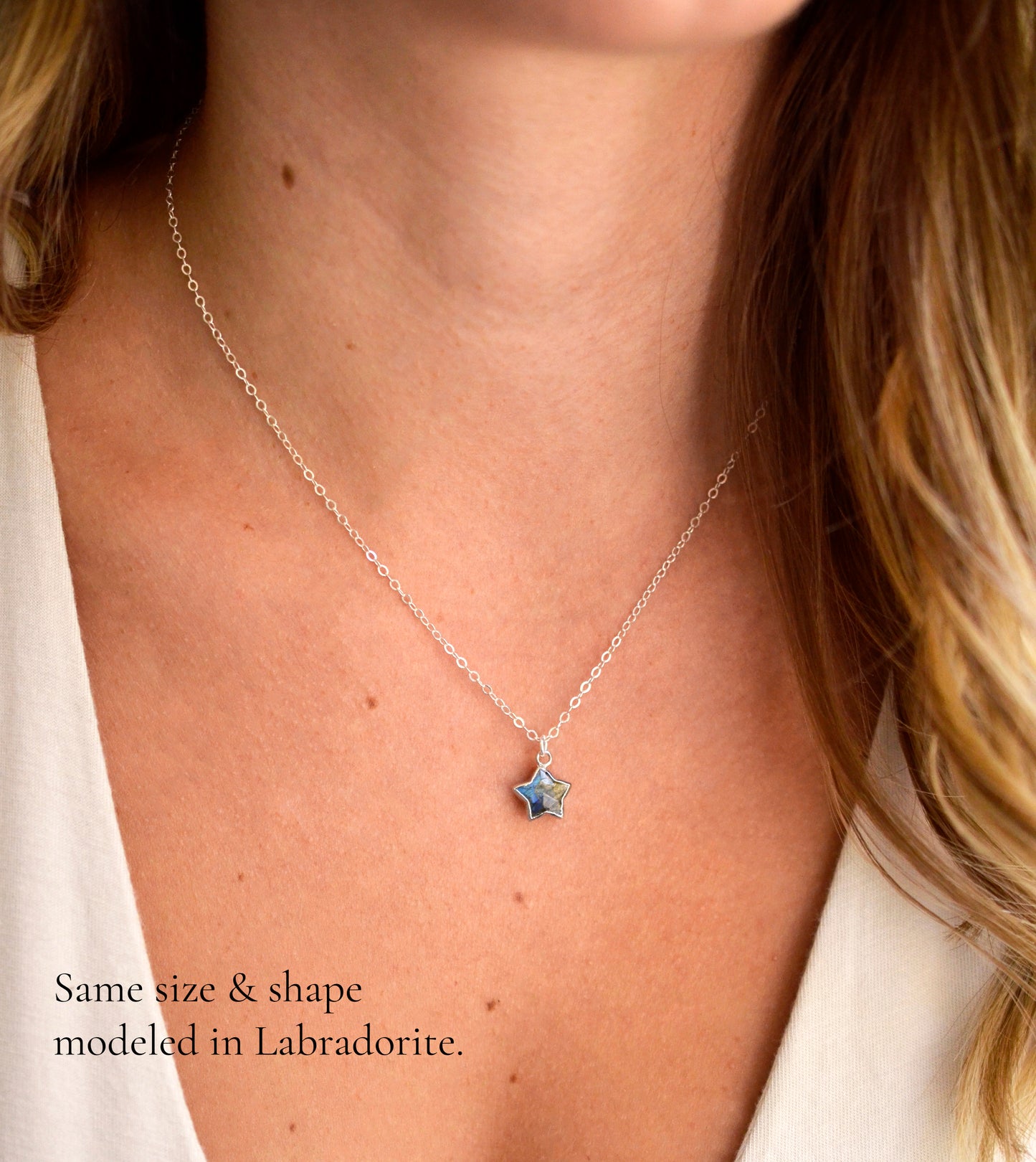 Modeled image of the same necklace, but in Labradorite. The perfect star pendant for star lovers.