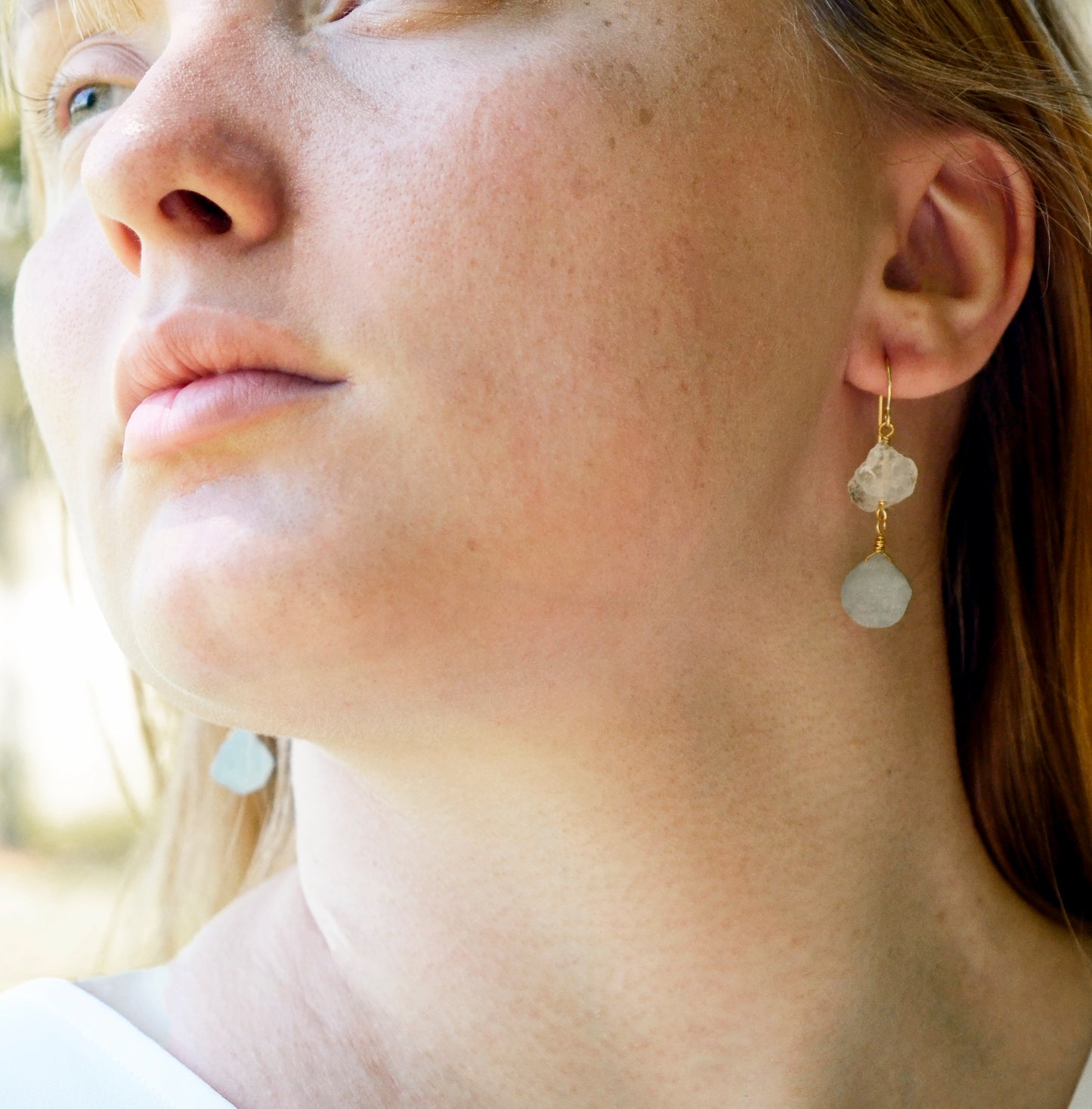Aquamarine and Crystal Quartz Earrings, 14k Gold Filled or Sterling Silver, Natural Gemstone Dangles, March Birthstone, Crystal Drops, Raw Stone Earrings