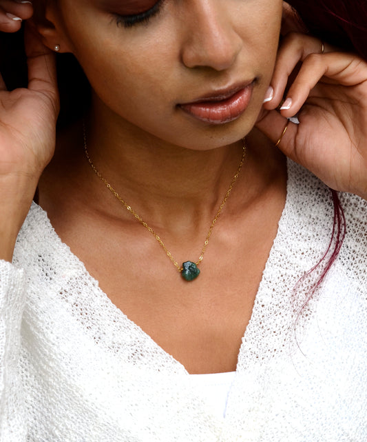 raw green amethyst gemstone on gold chain, necklace