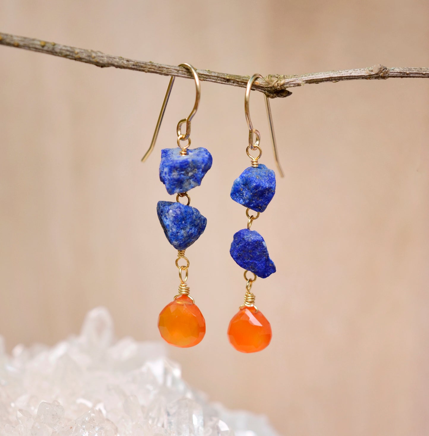 Lapis Lazuli and Carnelian Earrings, Raw Lapis Carnelian Dangles, Crystal Earrings, Sterling Silver or Gold Filled