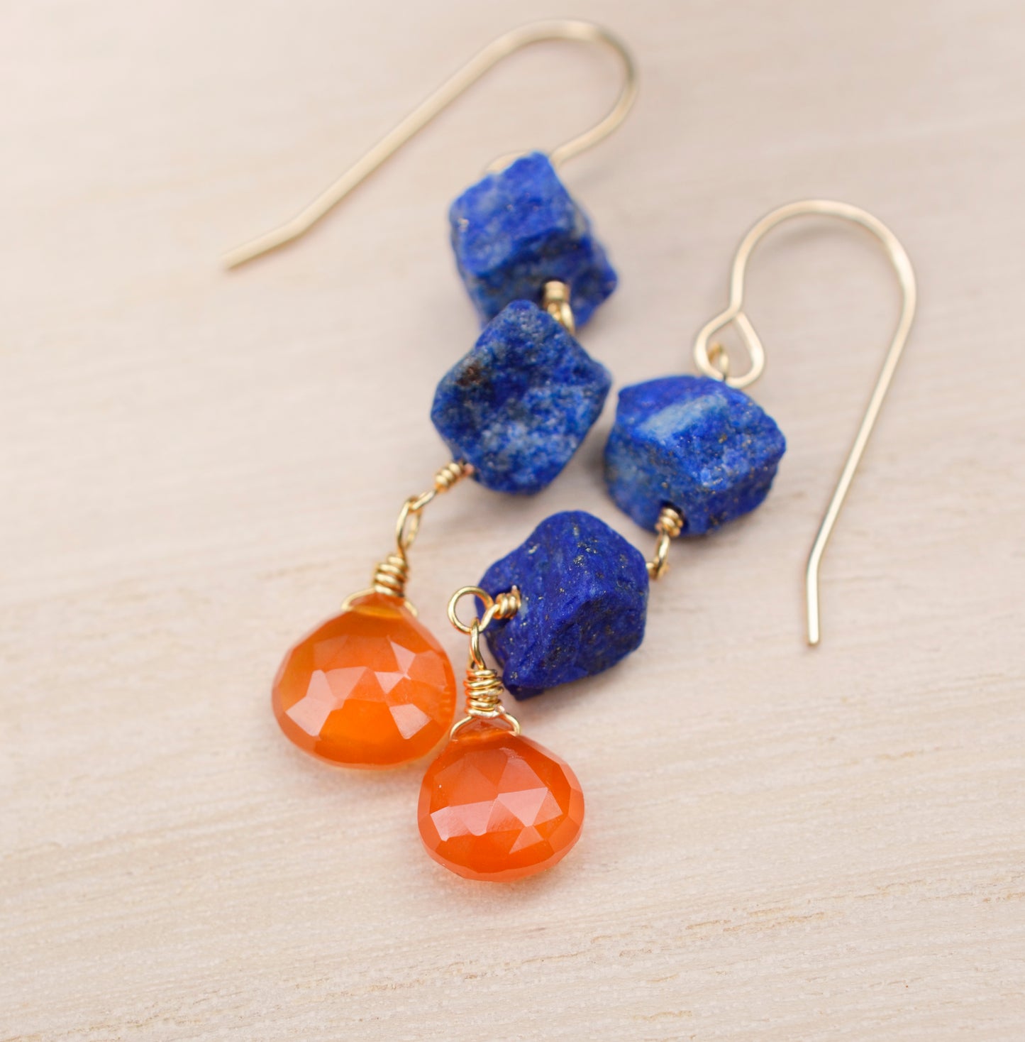 Lapis Lazuli and Carnelian Earrings, Raw Lapis Carnelian Dangles, Crystal Earrings, Sterling Silver or Gold Filled