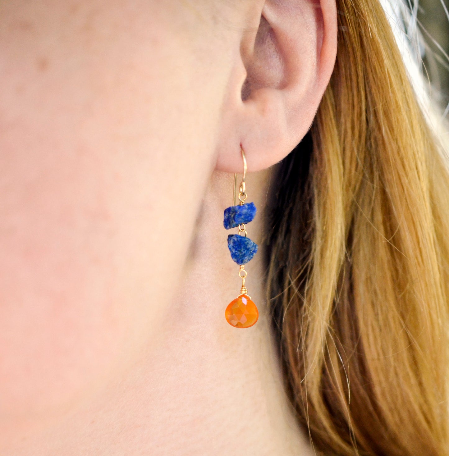 Lapis Lazuli and Carnelian Earrings, Raw Lapis Carnelian Dangles, Crystal Earrings, Sterling Silver or Gold Filled