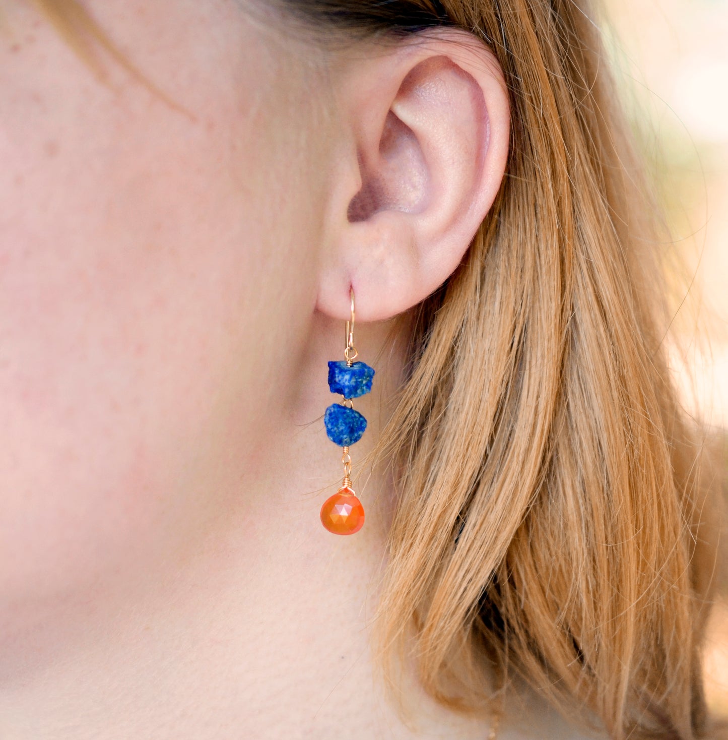 Lapis Lazuli and Carnelian Earrings, Raw Lapis Carnelian Dangles, Crystal Earrings, Sterling Silver or Gold Filled
