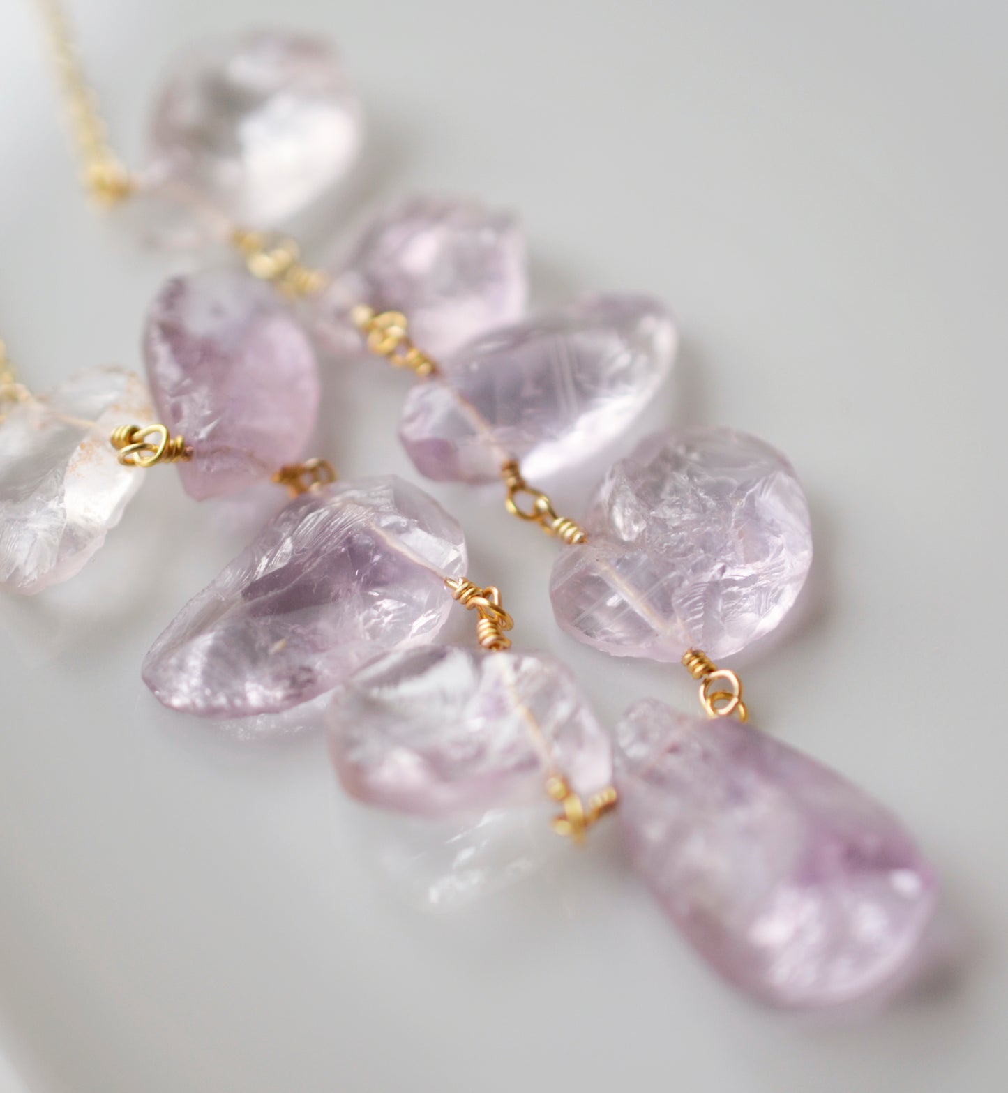 large amethyst necklace, raw pale purple amethyst crystals, gold, sterling silver, raw