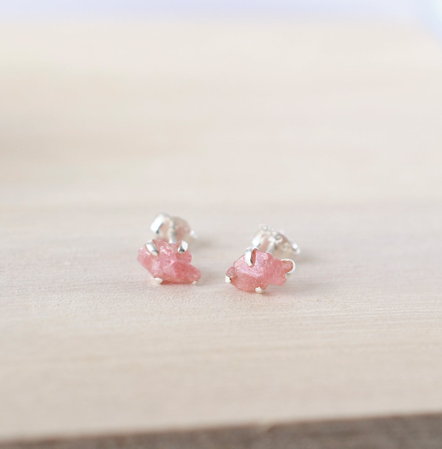 Rhodochrosite Earrings - Sterling Silver - Pink Rhodochrosite Studs - Raw Crystal Earrings - Small Stone Posts - Rhodochrosite Jewelry