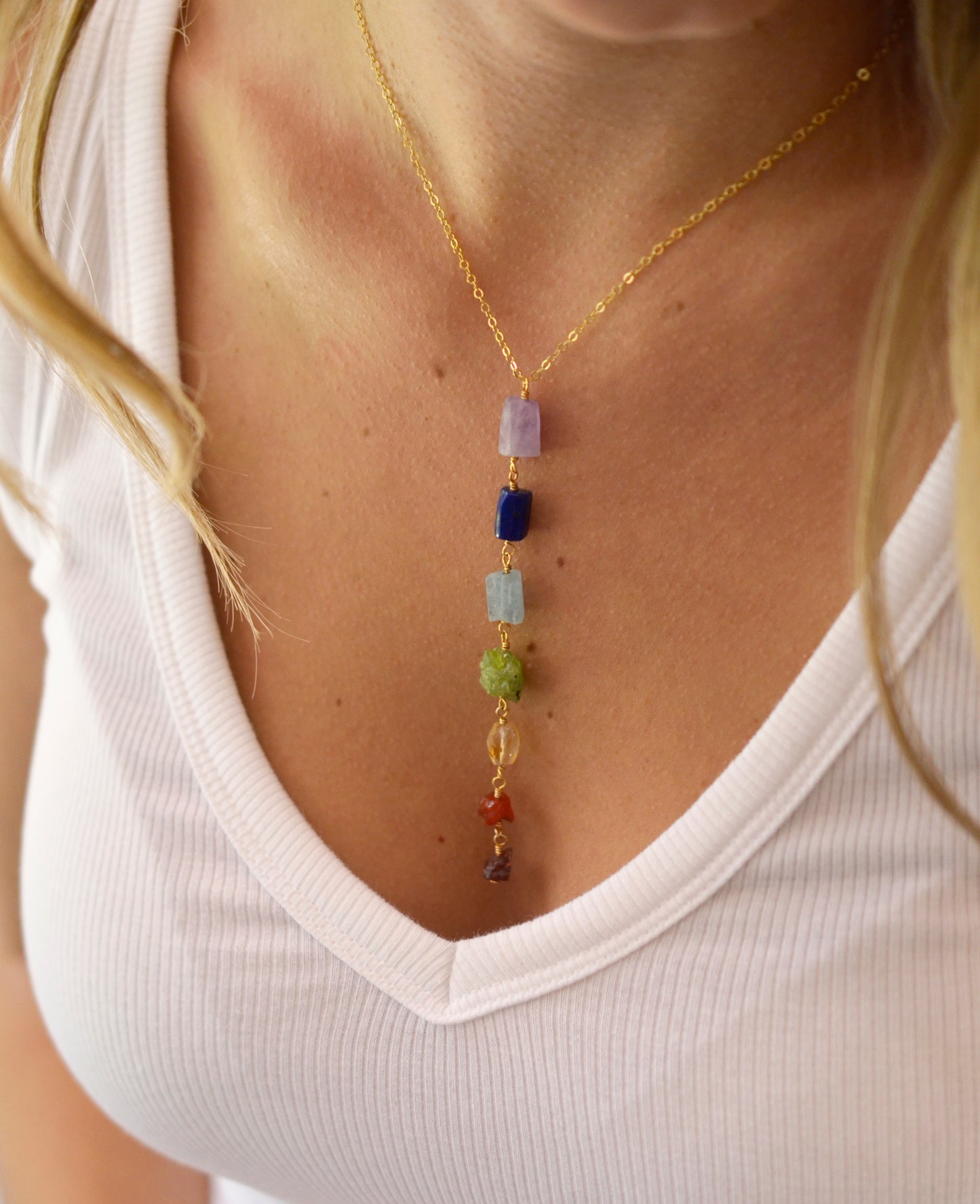 Raw Crystal Chakra Necklace, Rainbow Pendant