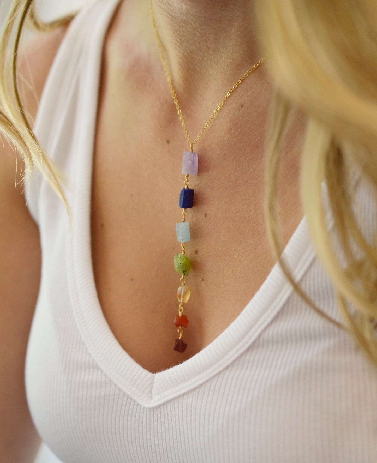 Raw Crystal Chakra Necklace, Rainbow Pendant