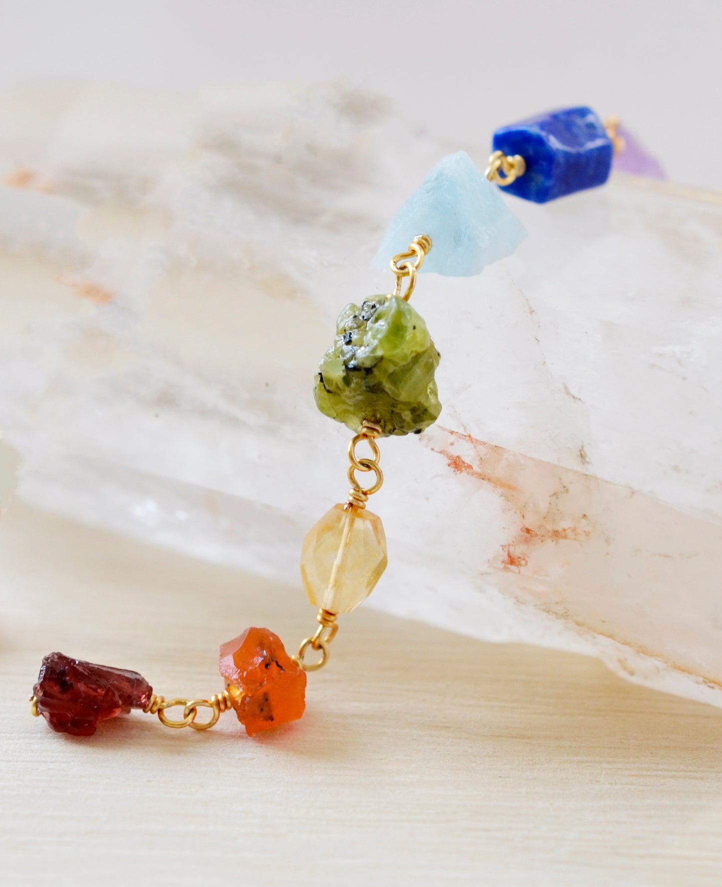 Raw Crystal Chakra Necklace, Rainbow Pendant