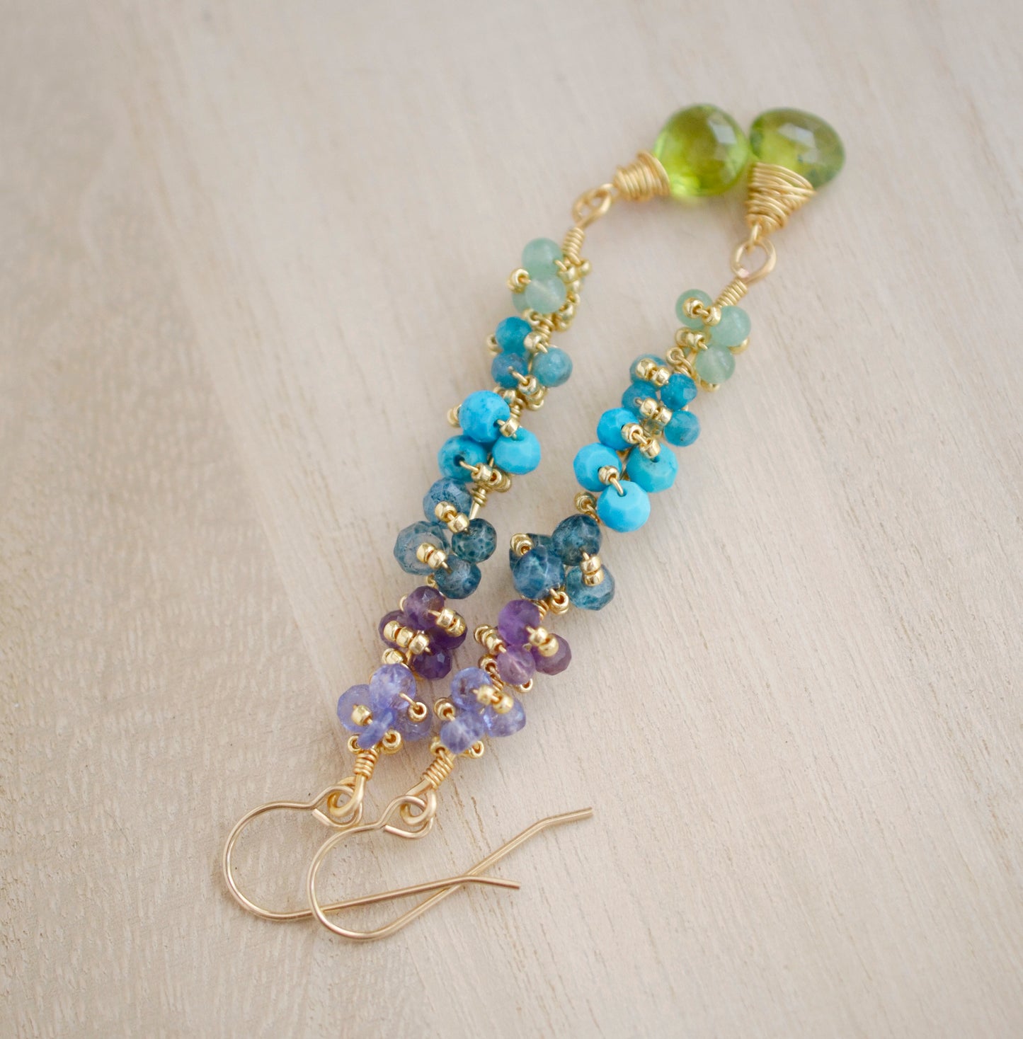 Multi Color Gemstone Long Bar Earrings, tanzanite, amethyst, topaz, turquoise, apatite, aventurine, peridot