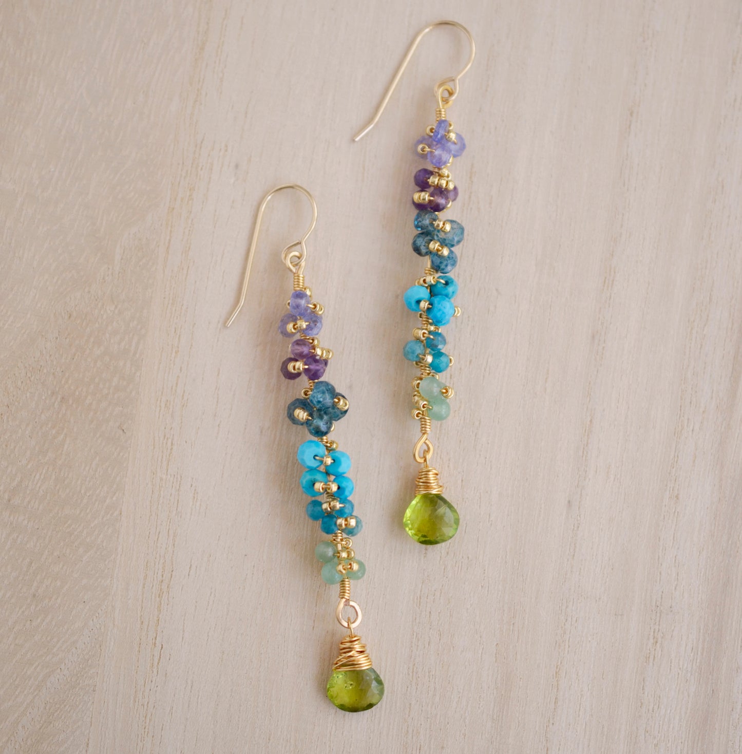 Multi Color Gemstone Long Bar Earrings, tanzanite, amethyst, topaz, turquoise, apatite, aventurine, peridot