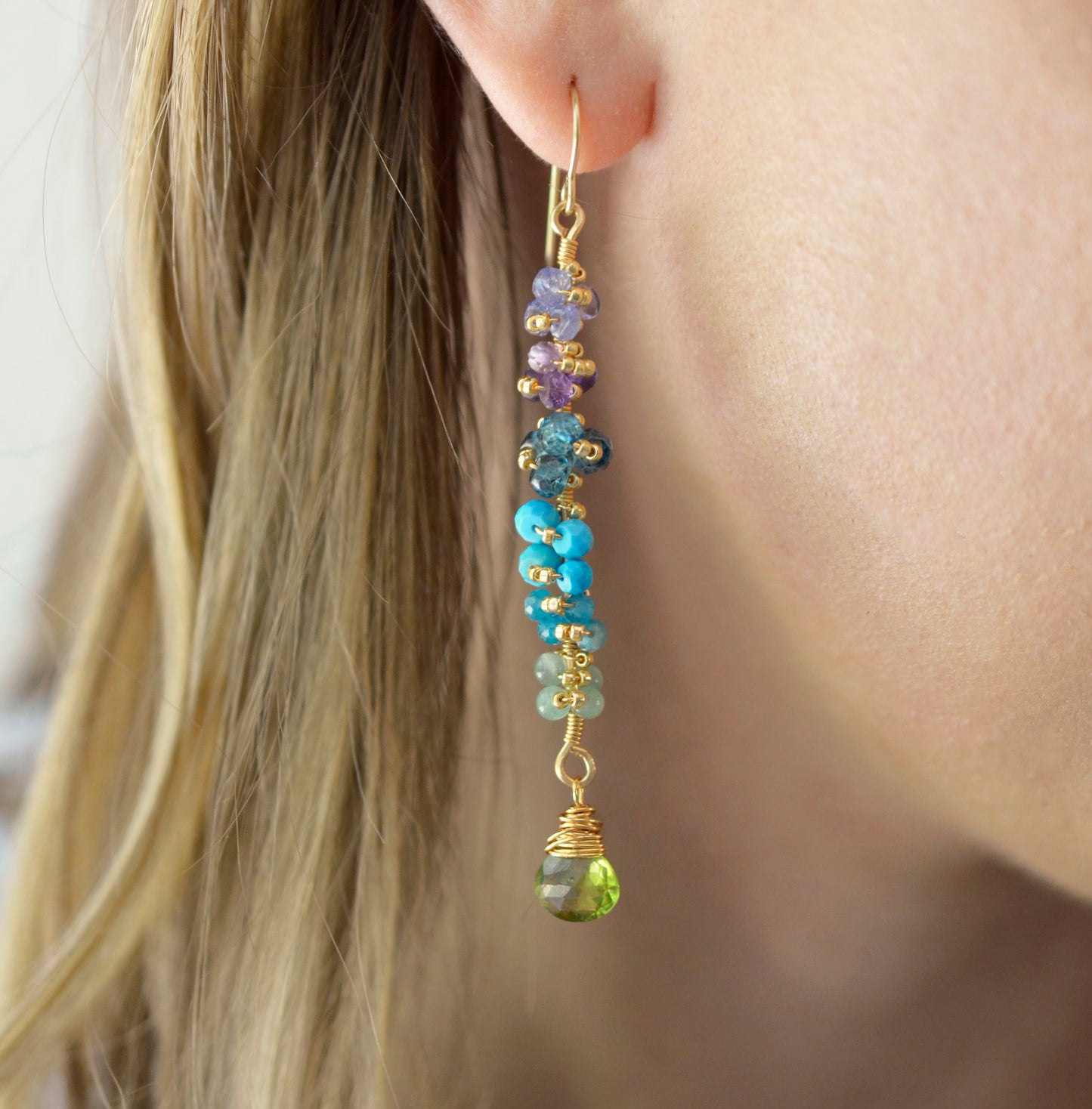 Multi Color Gemstone Long Bar Earrings, tanzanite, amethyst, topaz, turquoise, apatite, aventurine, peridot