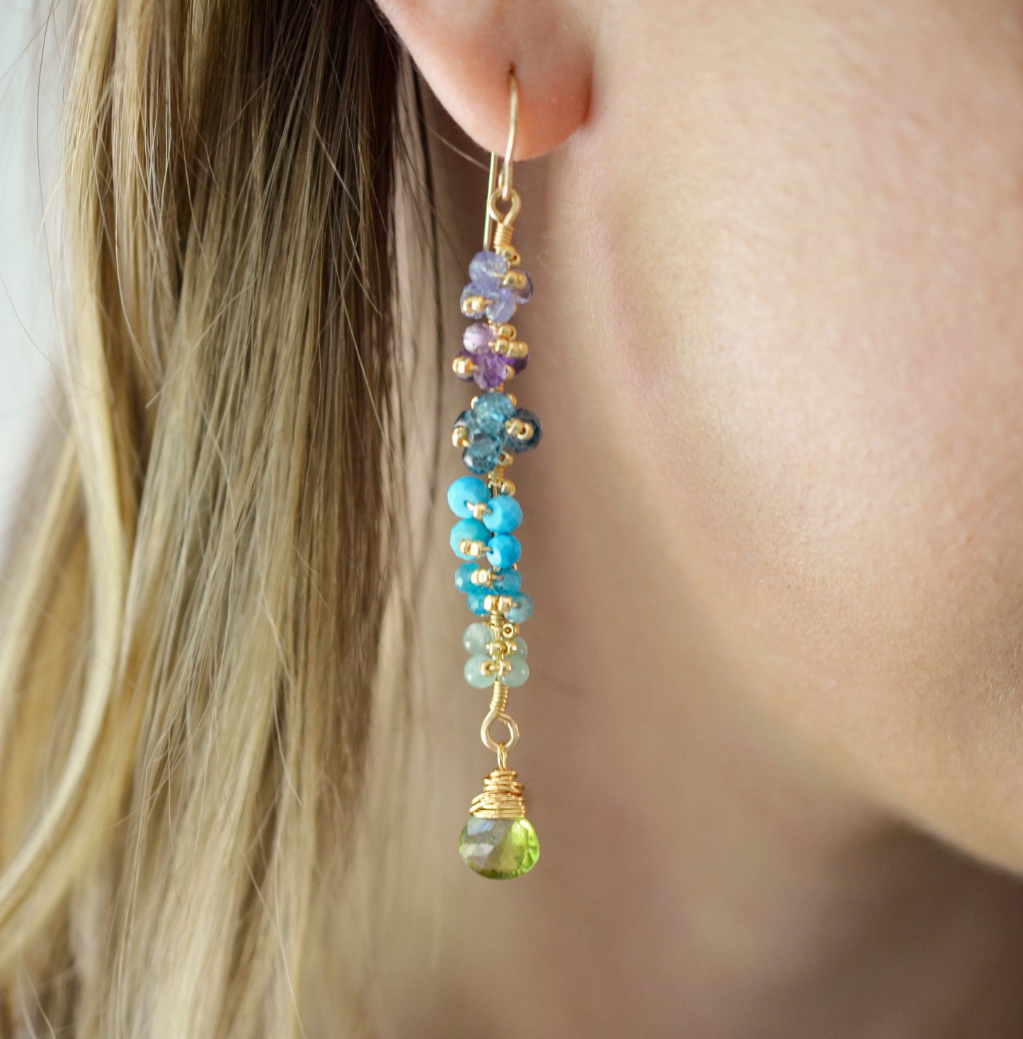 Multi Color Gemstone Long Bar Earrings, tanzanite, amethyst, topaz, turquoise, apatite, aventurine, peridot