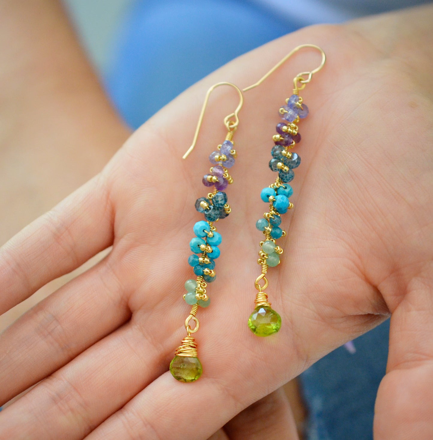 Multi Color Gemstone Long Bar Earrings, tanzanite, amethyst, topaz, turquoise, apatite, aventurine, peridot