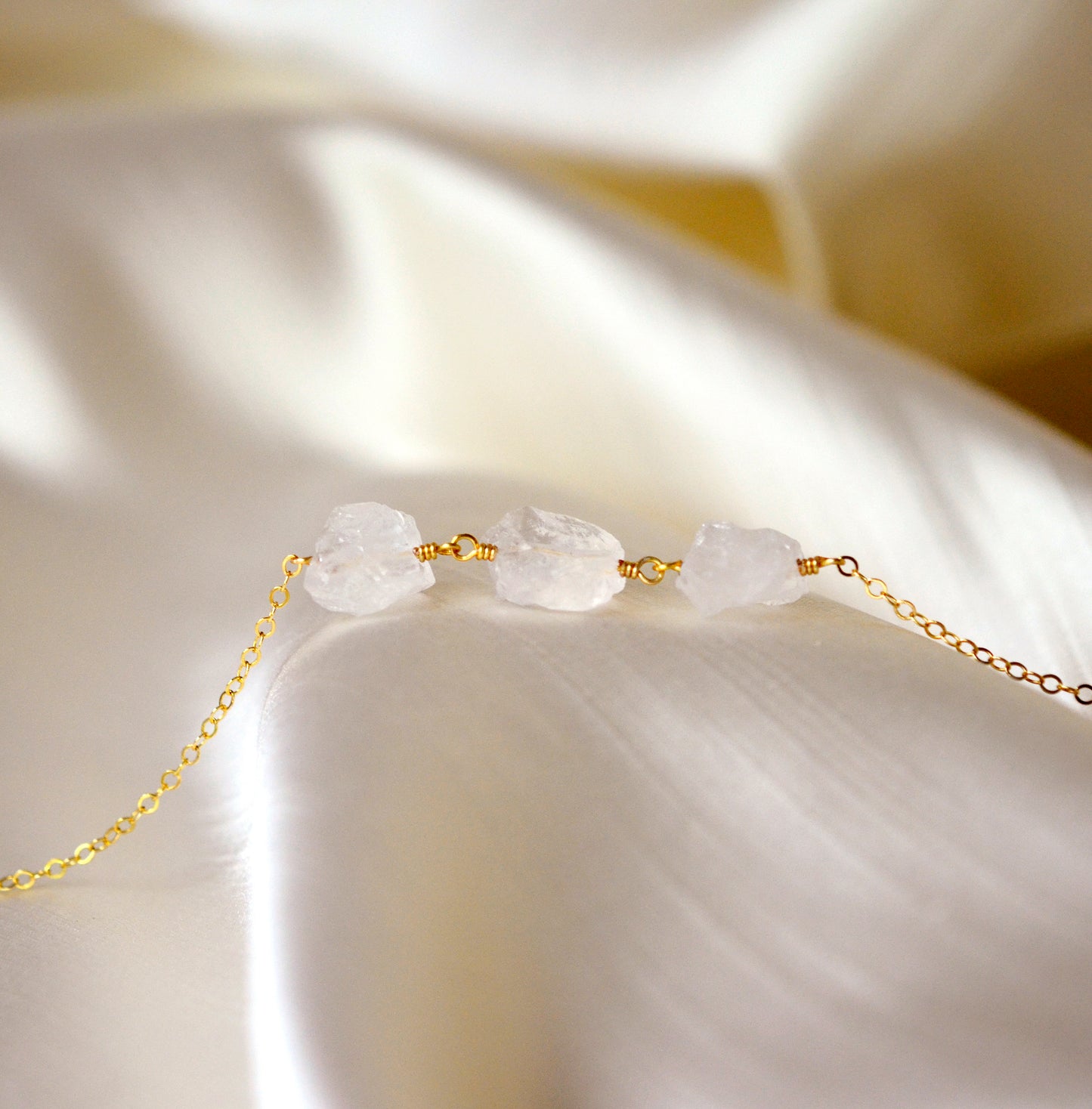 raw crystal quartz necklace, triple stone rock crystal jewelry, chain, silver, gold