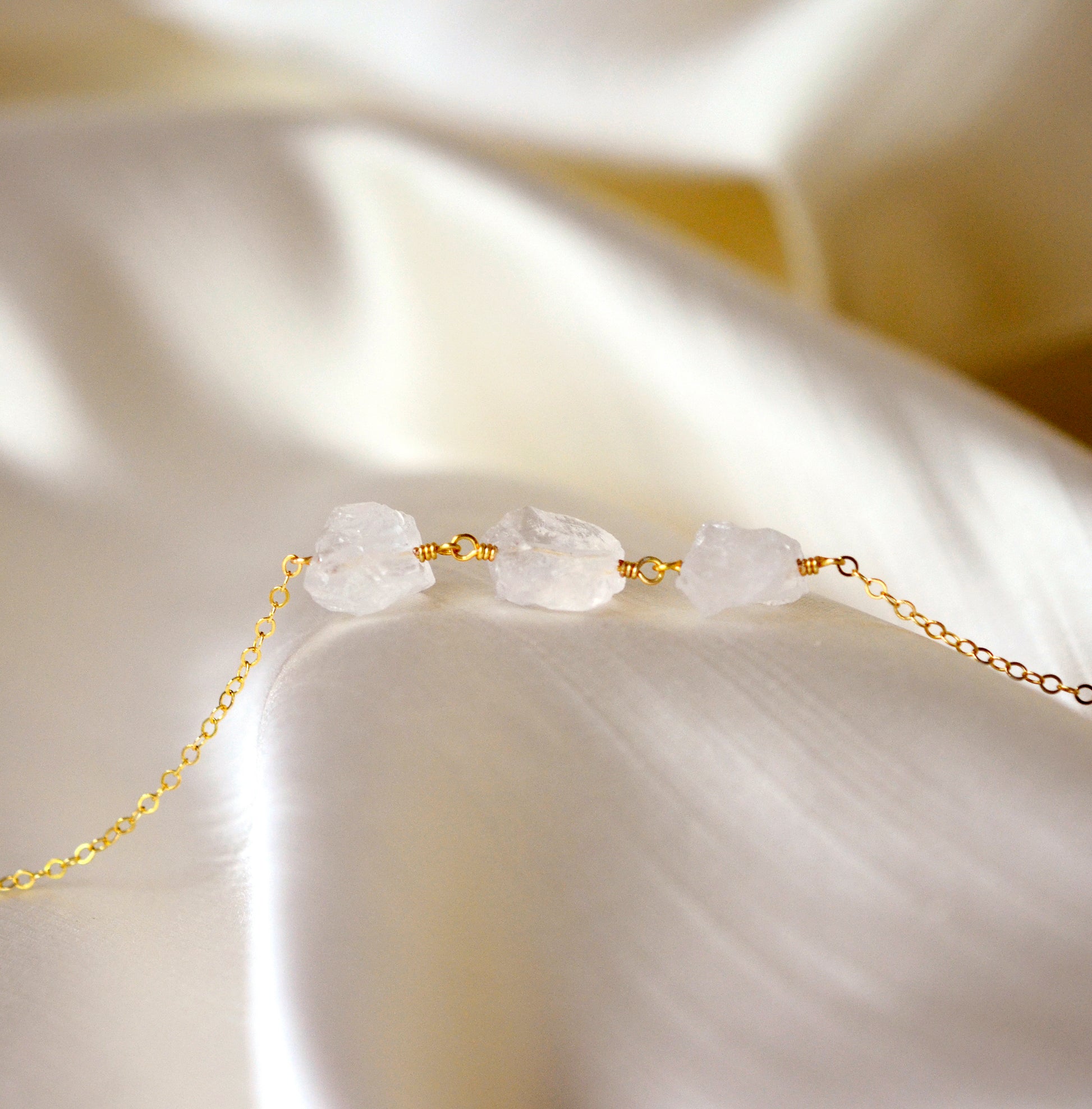 raw crystal quartz necklace, triple stone rock crystal jewelry, chain, silver, gold
