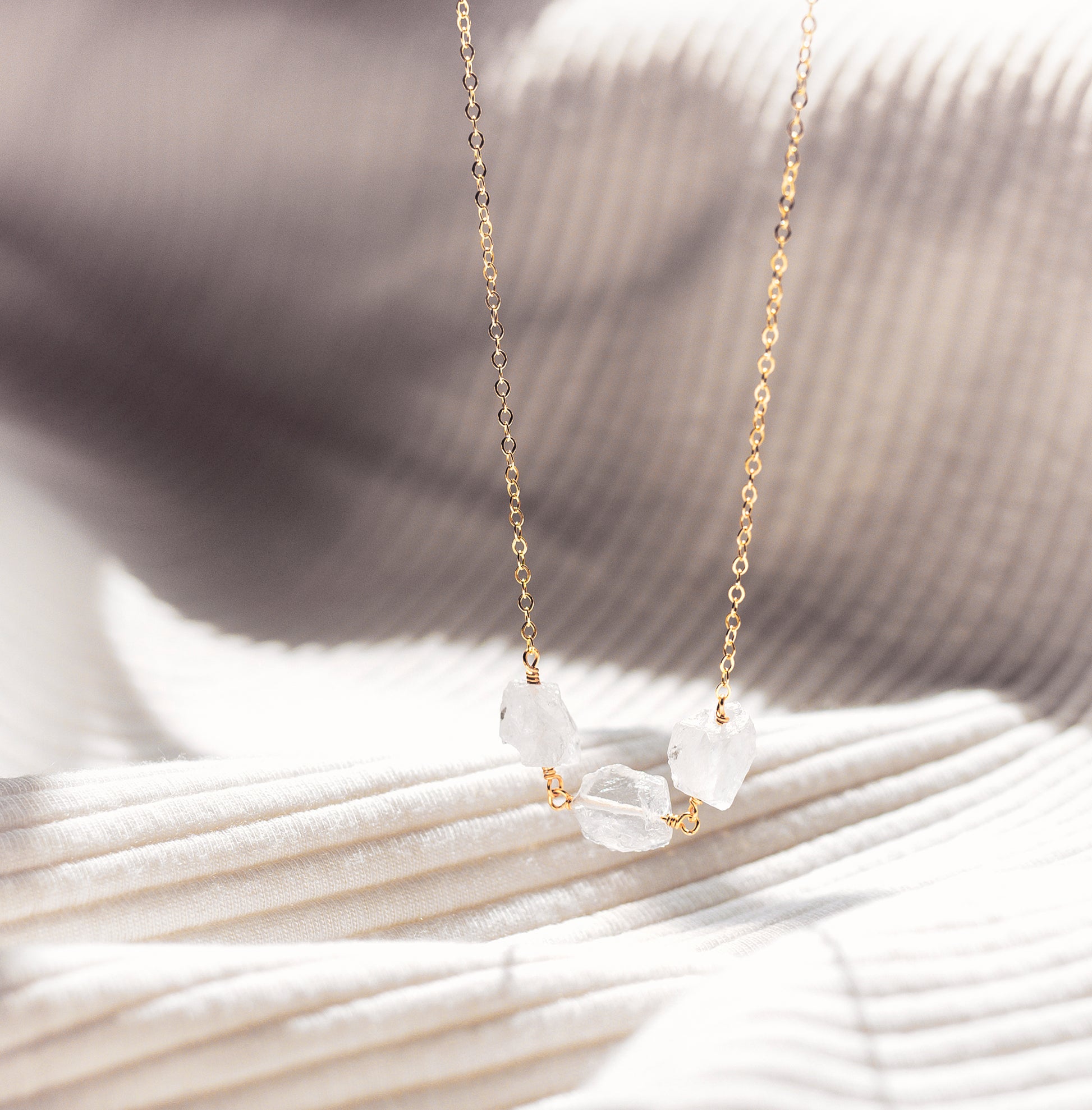 raw crystal quartz necklace, triple stone rock crystal jewelry, chain, silver, gold