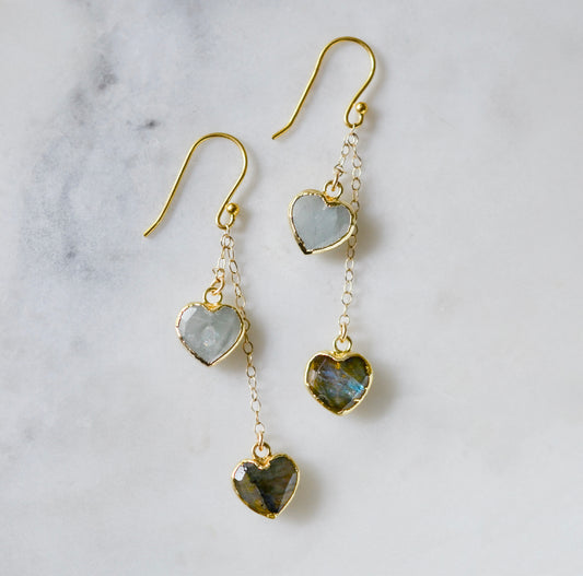 Gold gemstone dangle earrings featuring aquamarine and labradorite hearts. Romantic gift for her, wife, girlfriend, valentines day.