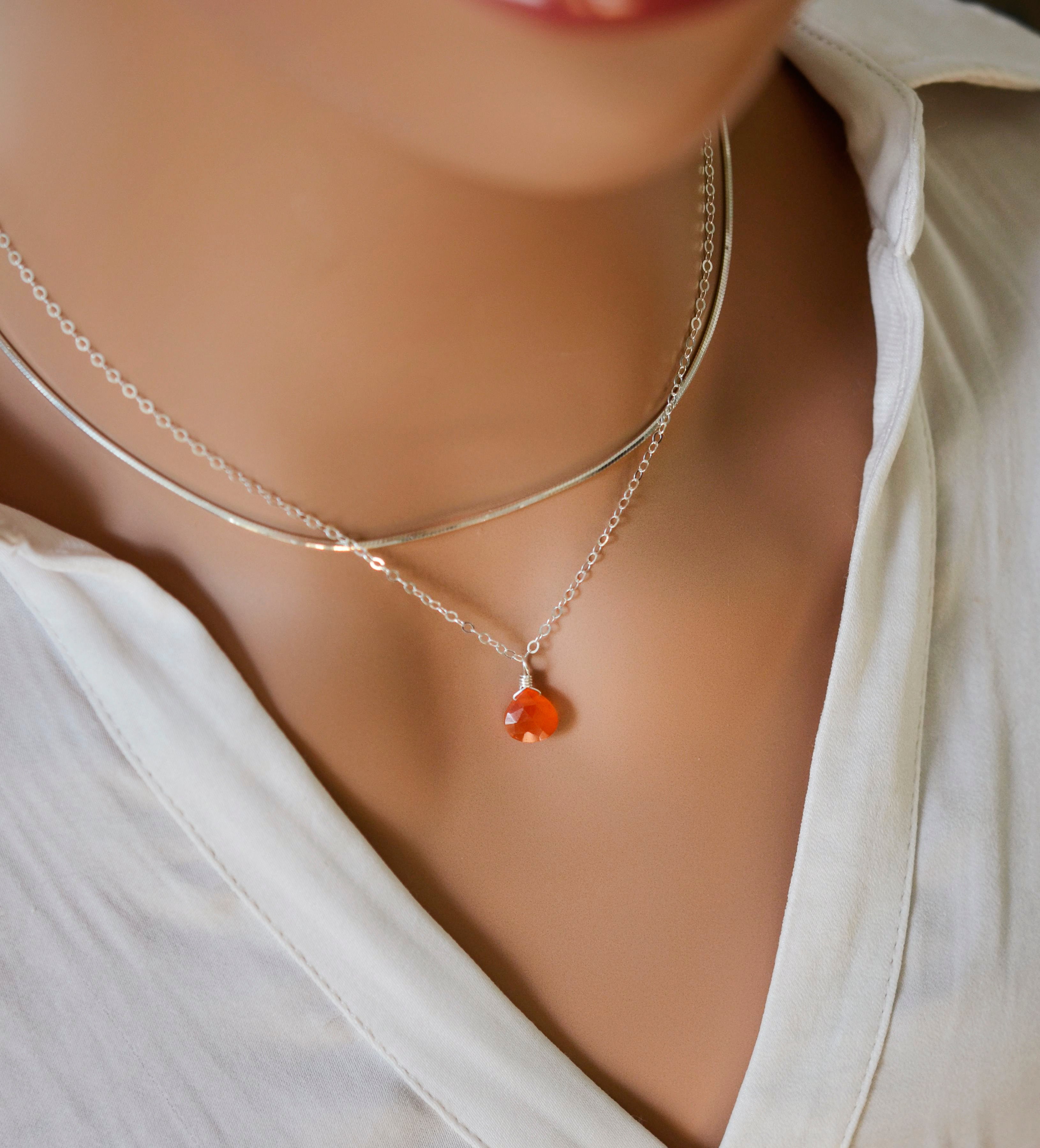 Natural Orange Carnelian Necklace in Sterling Silver or 14k