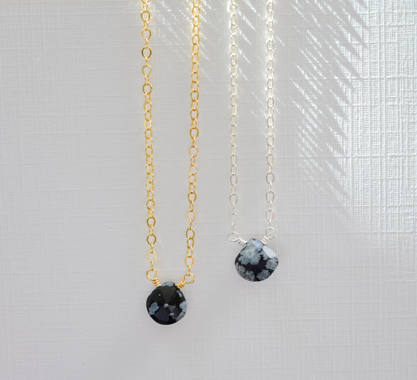 Natural small snowflake obsidian necklace with a gold or silver chain.