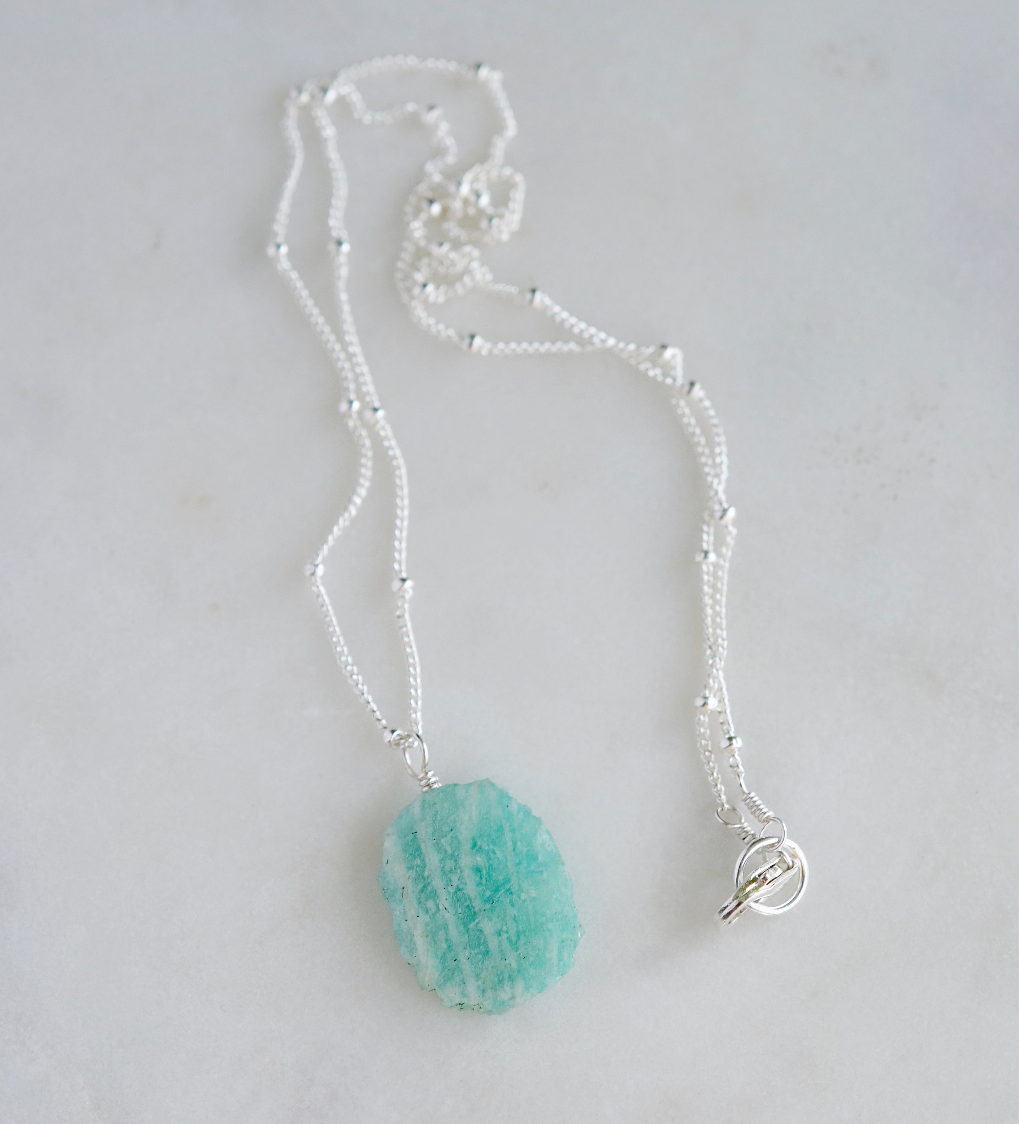 Amazonite Necklace. 304 Surgical Stainless Steel Chain. Raw cut Amazonite retailer slab pendant.