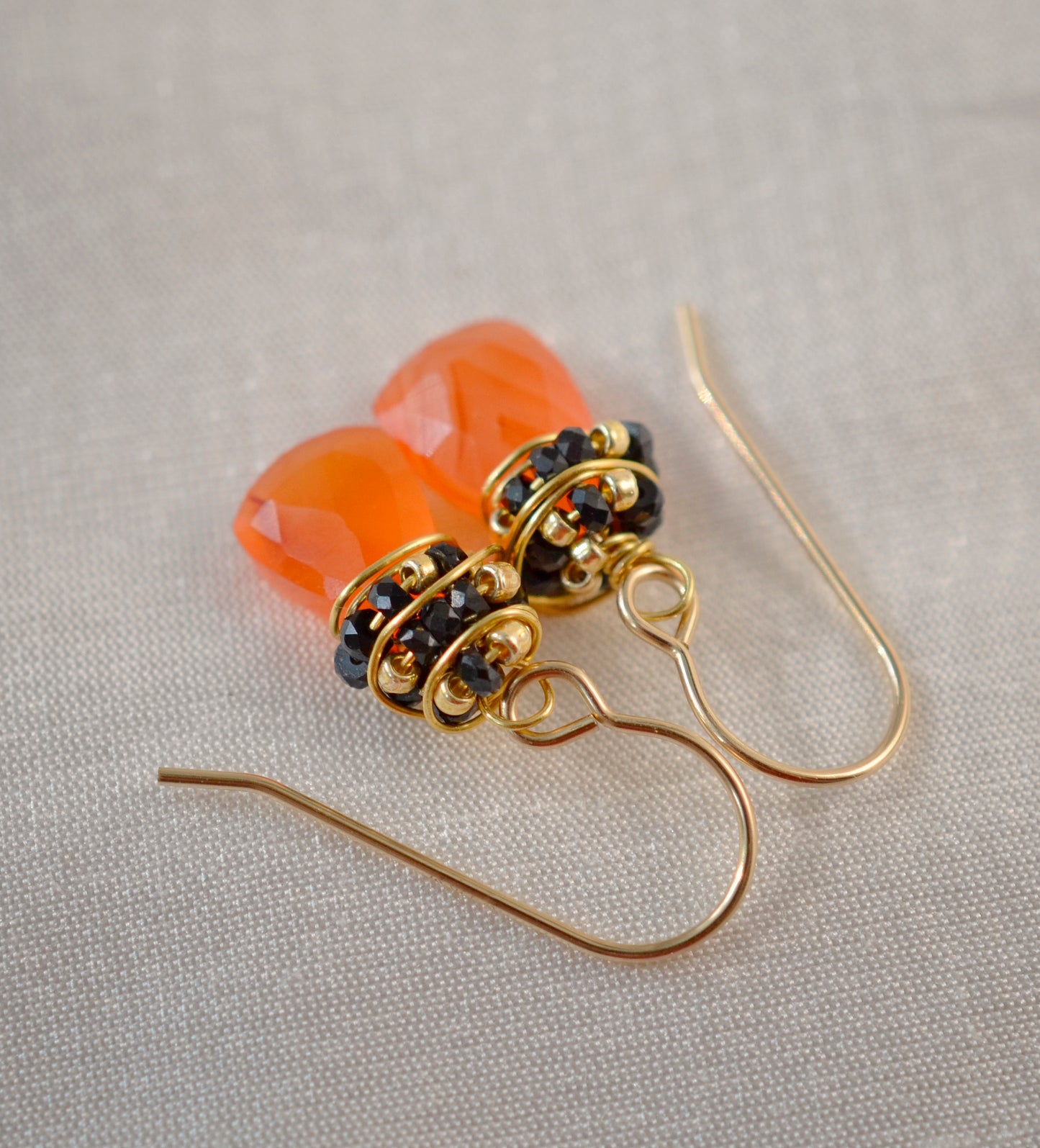 Carnelian and Onyx Wire Wrapped Dangle Earrings