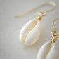 A natural off-white cowrie shell hangs from an earring hook. Shown in gold. Close up image.