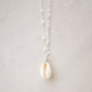 Single cowrie shell suspended from a sterling silver chain necklace.