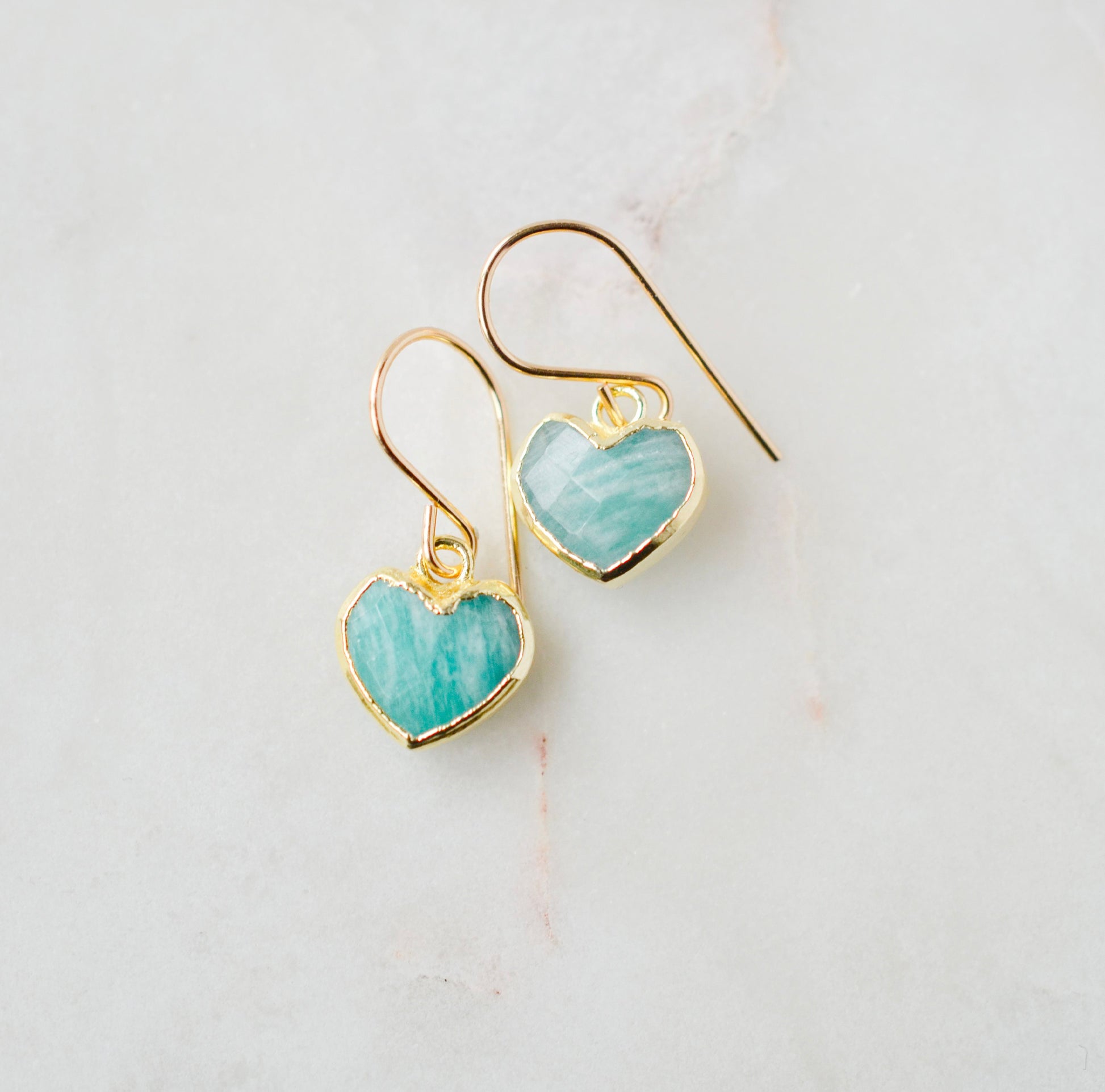 Aqua blue Amazonite gemstone heart earrings in gold.  Natural Stones.