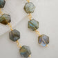 A close up image of long hexagonal shaped labradorite gemstone earrings. These dangles are handmade and available in sterling silver or 14k gold filled. 