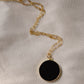 Smooth Polished Black Onyx Circle Pendant on Simple Gold Chain. 