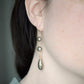 Modeled image. Long Pyrite gemstone dangle earrings worn in gold.