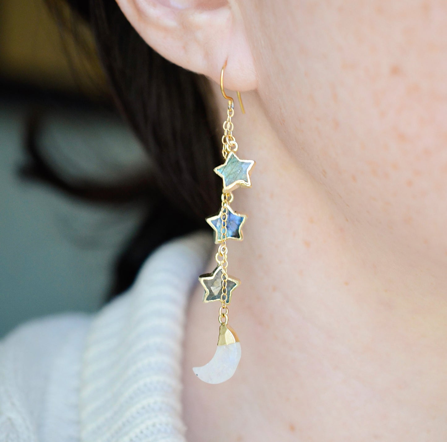 Moon and Star Labradorite Moonstone Earrings