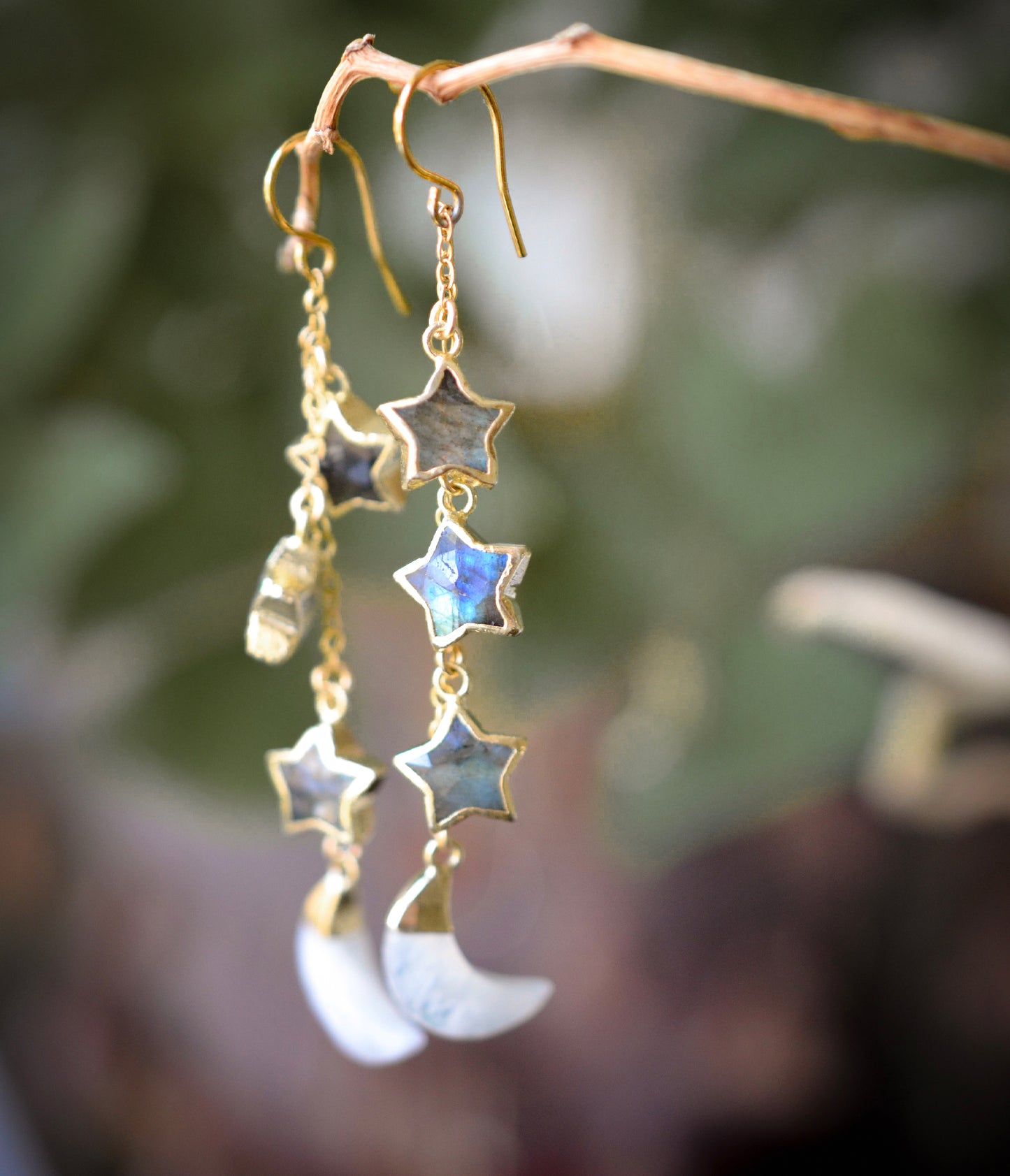 Moon and Star Labradorite Moonstone Earrings