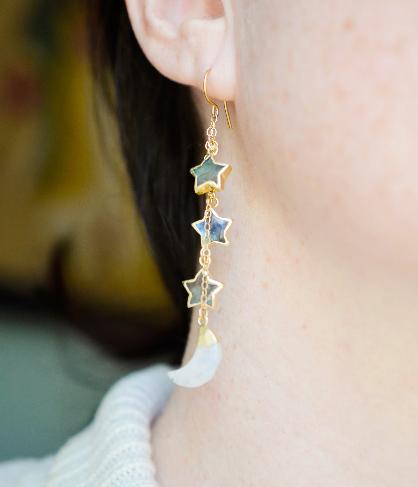 Moon and Star Labradorite Moonstone Earrings