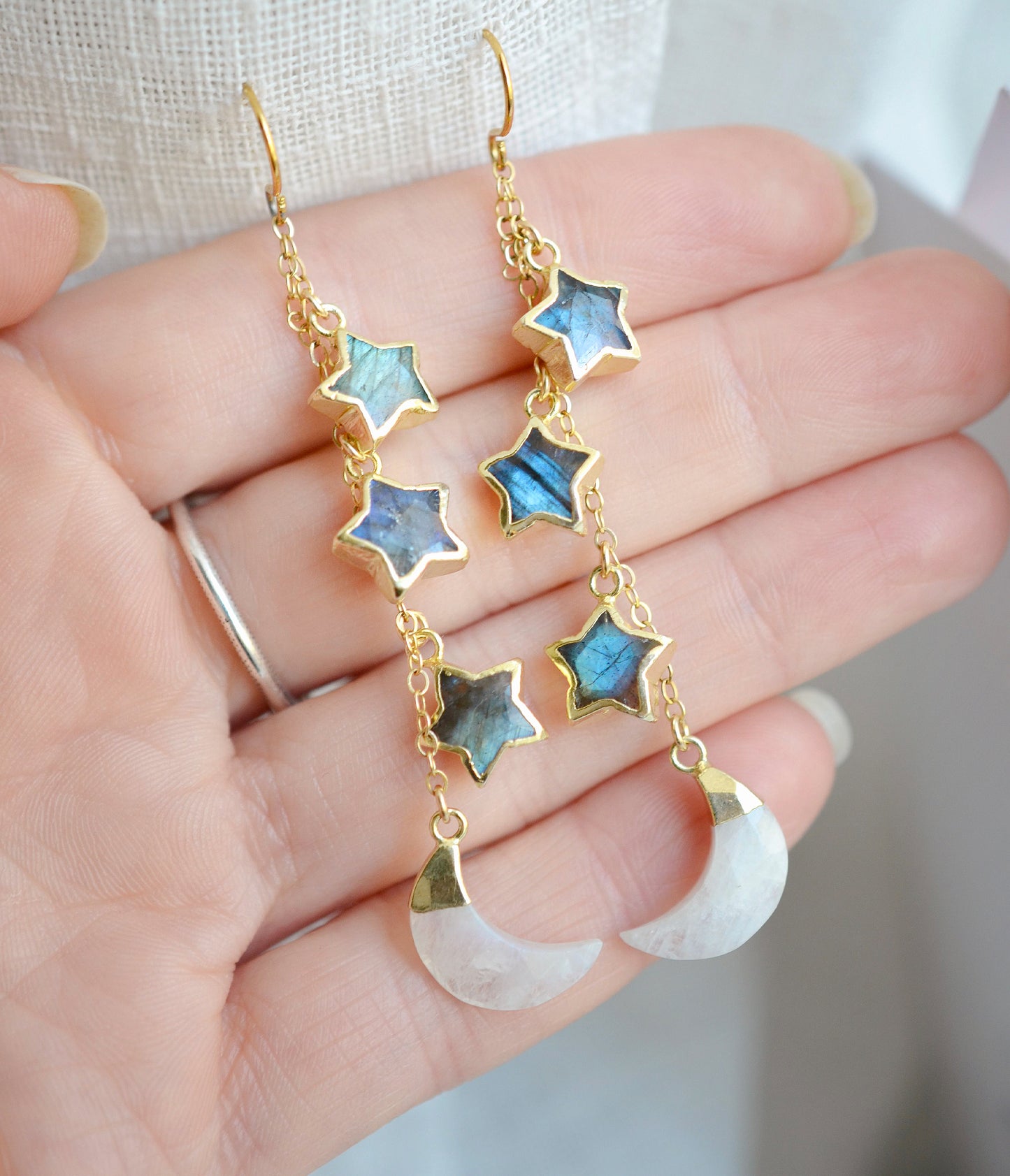 Moon and Star Labradorite Moonstone Earrings