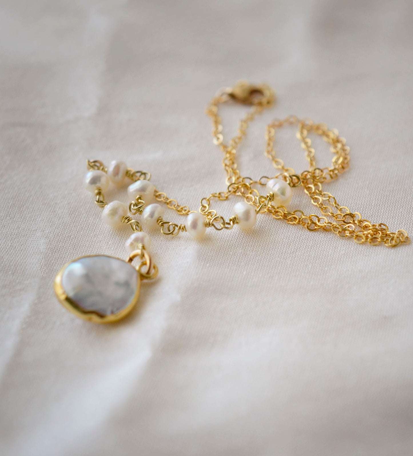 Wandering Pearls, White Freshwater Pearl Necklace in Gold Filled