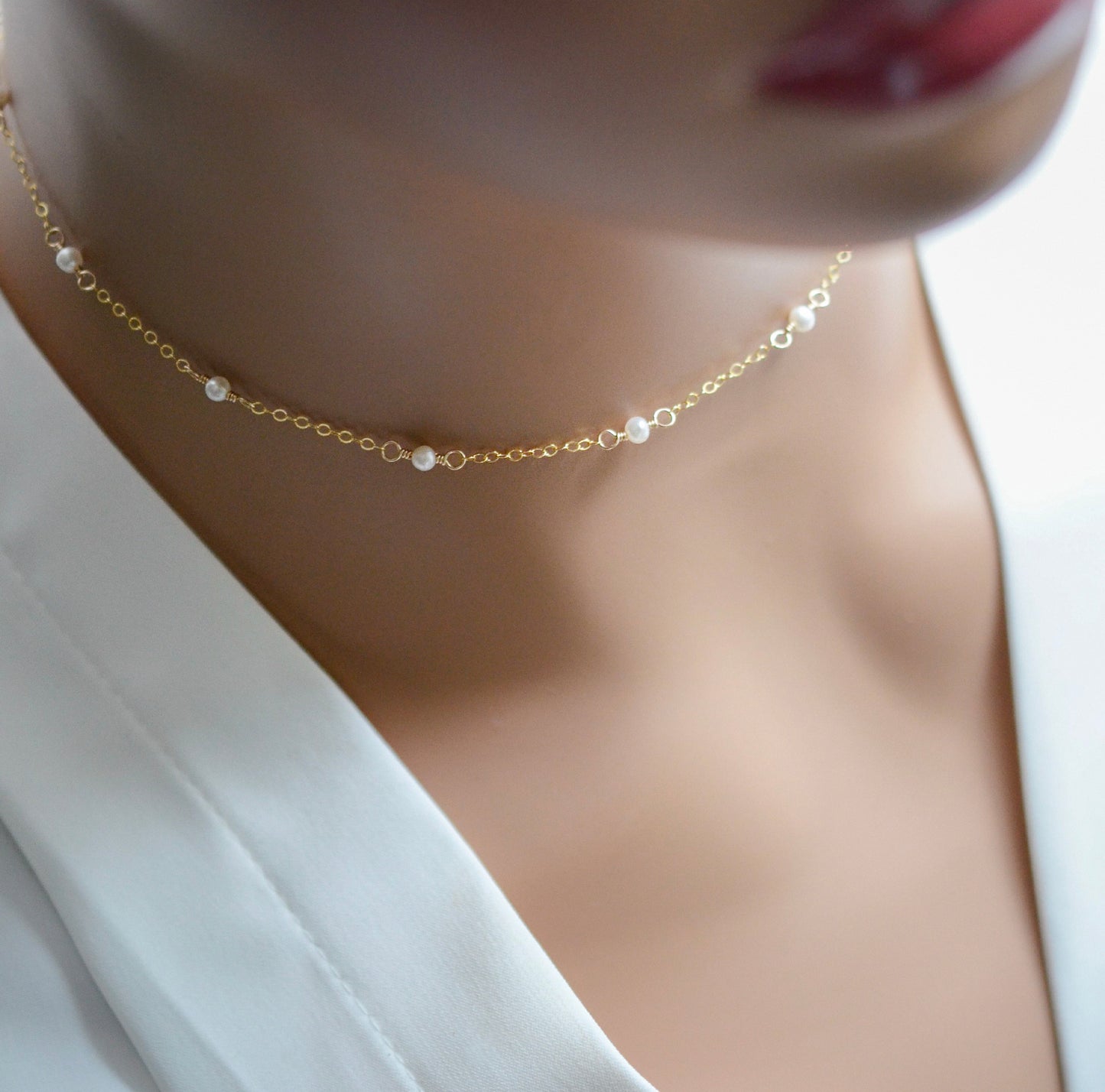 Dainty White Freshwater Pearl Chain Necklace