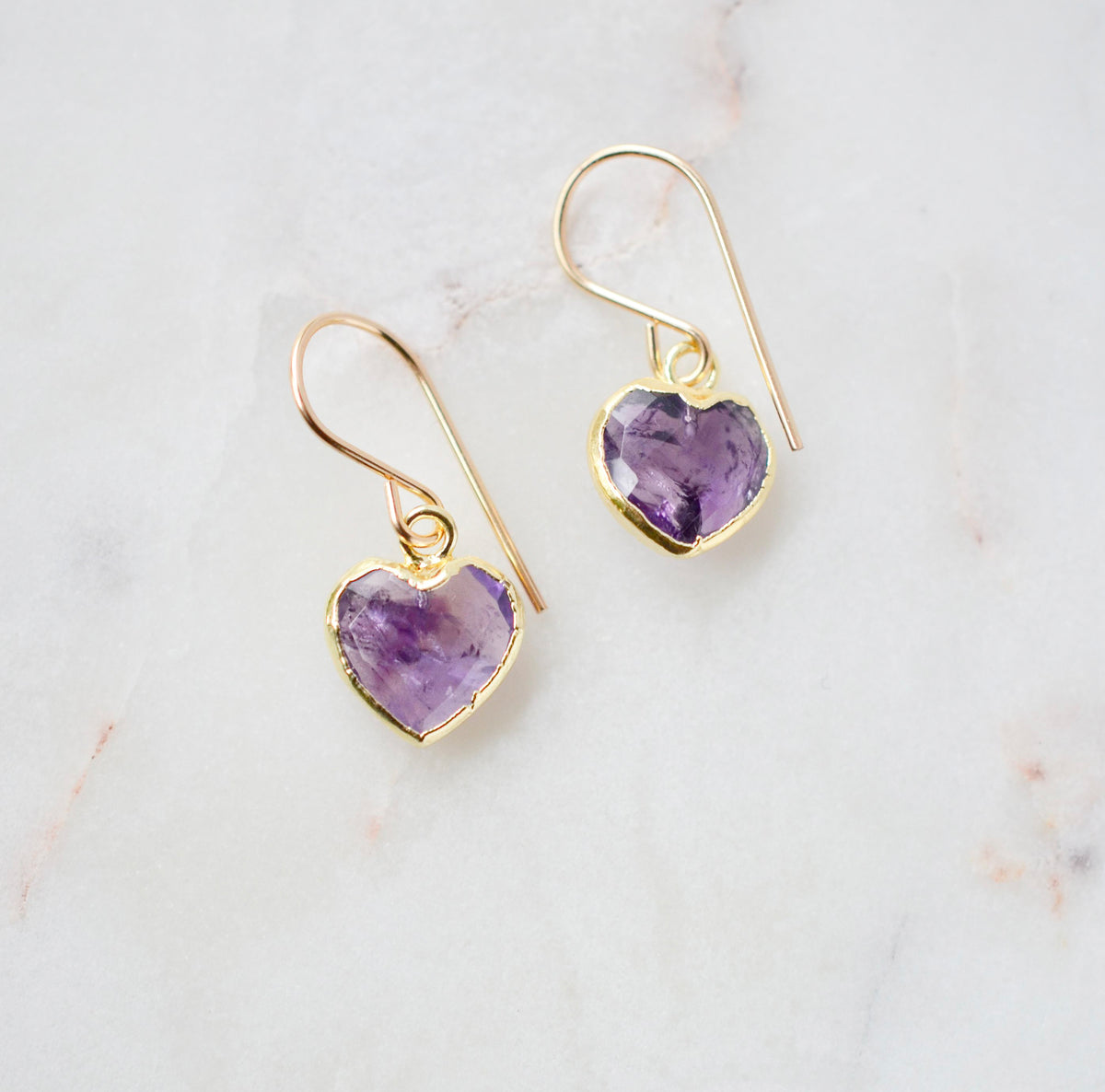 Natural purple amethyst heart earrings handmade in 14k gold filled. These earrings are the perfect romantic gift for girlfriend, wife, or a sixth wedding anniversary.