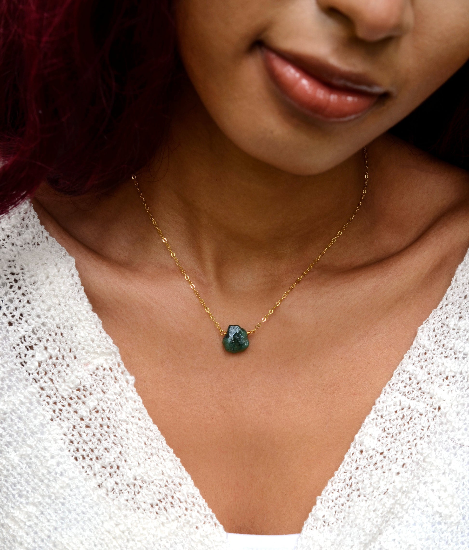 raw green amethyst gemstone on gold chain, necklace