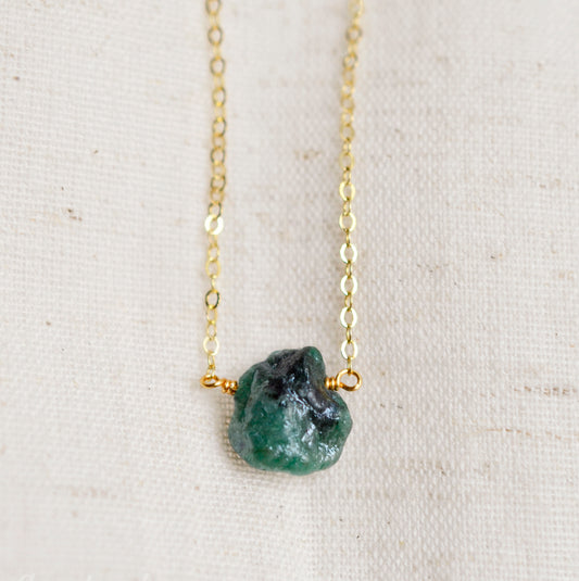 raw green amethyst gemstone on gold chain, necklace