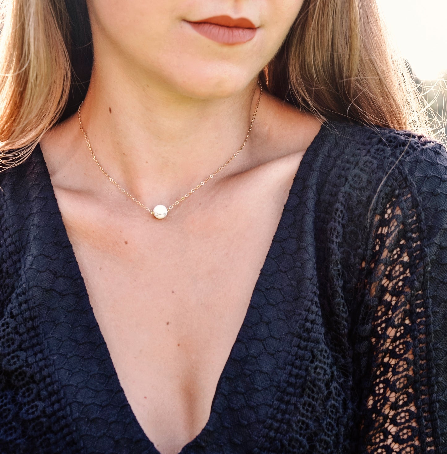 Modeled: Natural White Howlite Gemstone Necklace, Sterling Silver, 14k Gold Filled, Minimalist Style