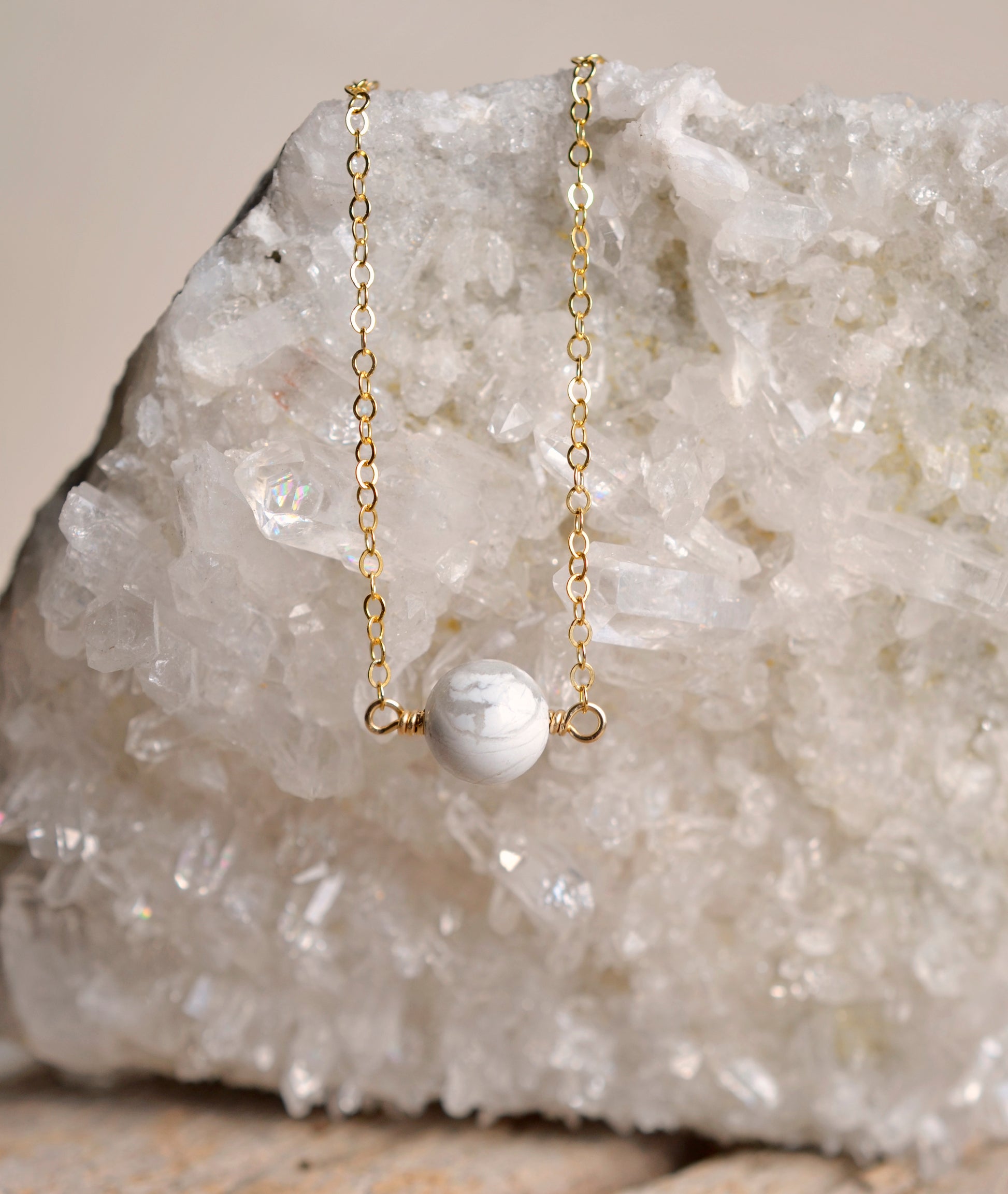 Natural White Howlite Gemstone Necklace, Sterling Silver, 14k Gold Filled, Minimalist Style
