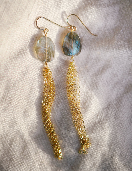 Labradorite Chain Tassel Earring, Sterling Silver or 14k Gold Filled. The stone faces are smooth polished, while its edges are raw.