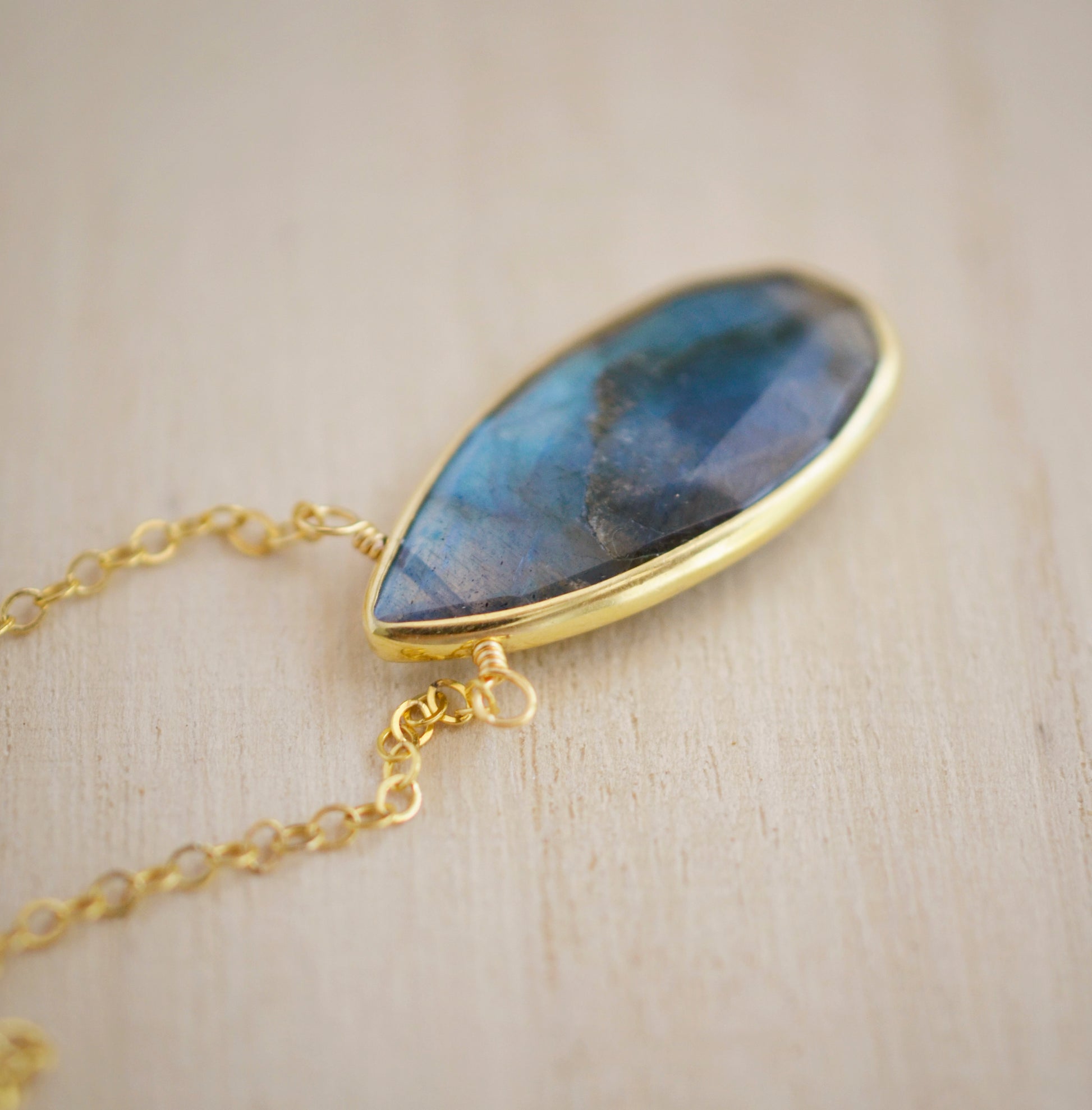 Labradorite Teardrop Necklace, Genuine labradorite bezeled in gold and suspended from a gold chain. Handmade by GEMNIA.